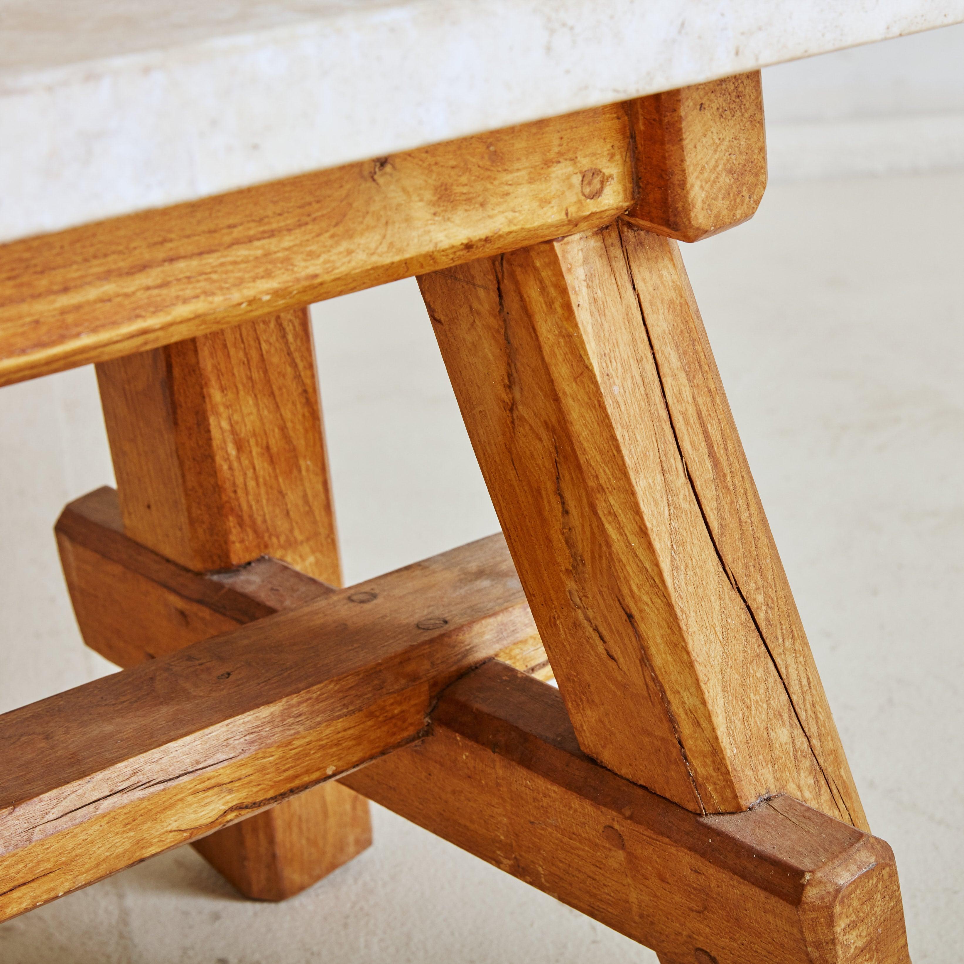 Petite Brutalist Wood + Travertine Top Coffee Table, France 1950s In Good Condition For Sale In Chicago, IL