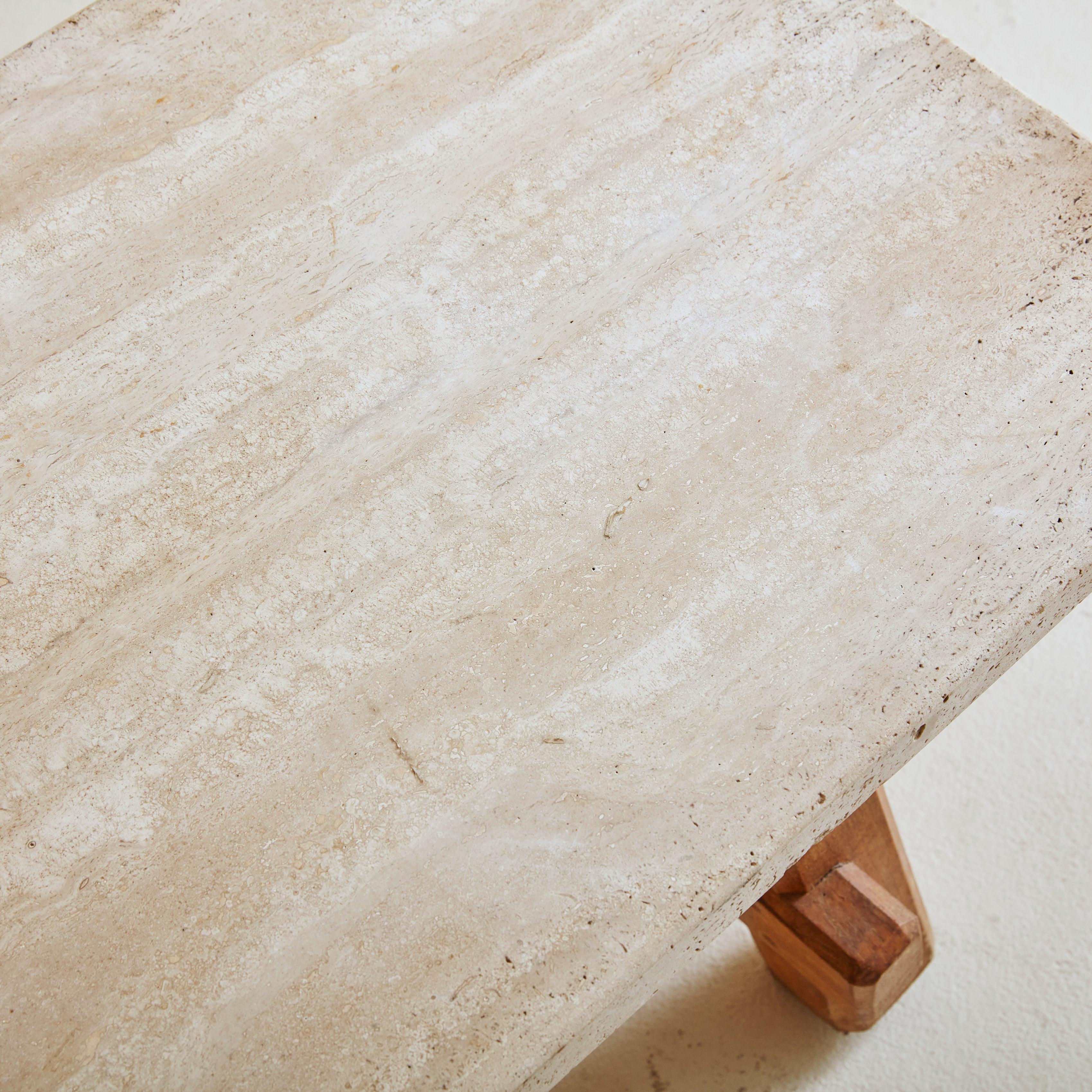 Mid-20th Century Petite Brutalist Wood + Travertine Top Coffee Table, France 1950s For Sale