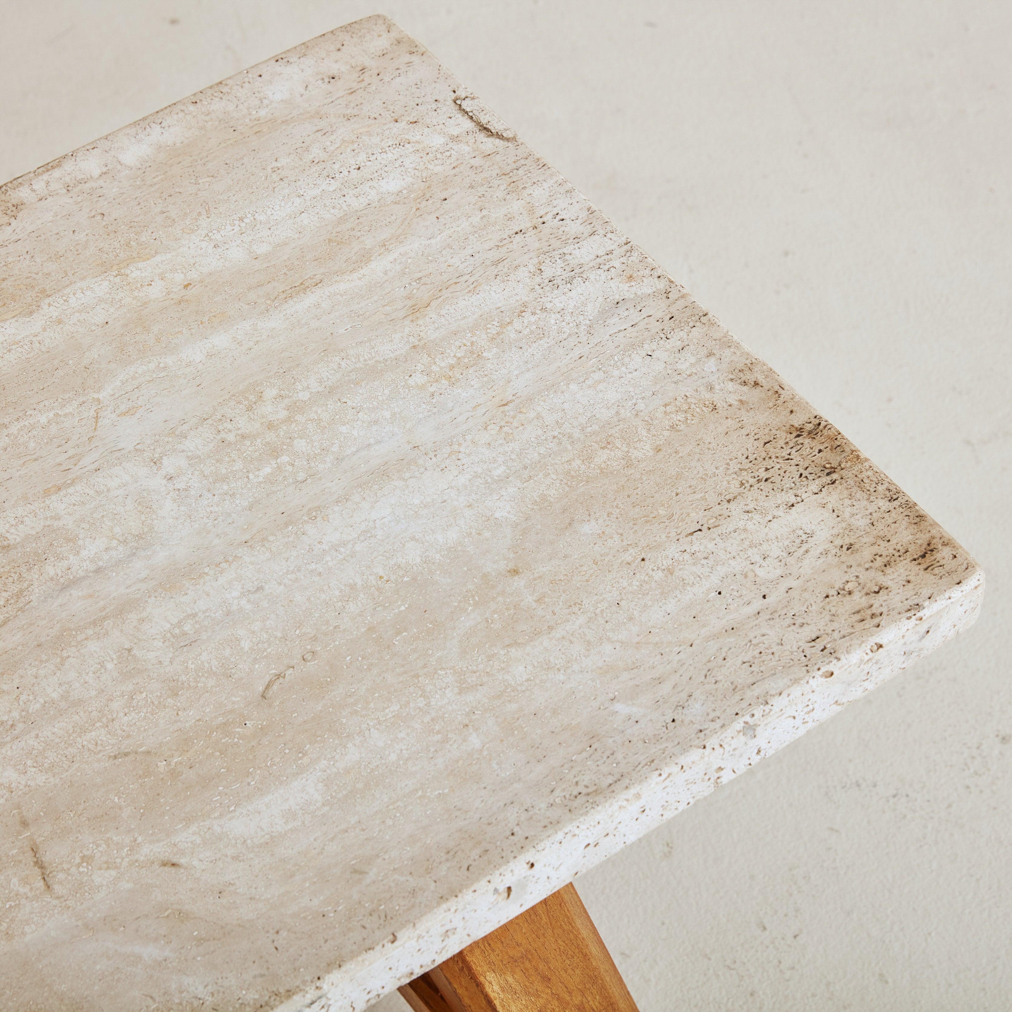 Petite Brutalist Wood + Travertine Top Coffee Table, France 1950s For Sale 3