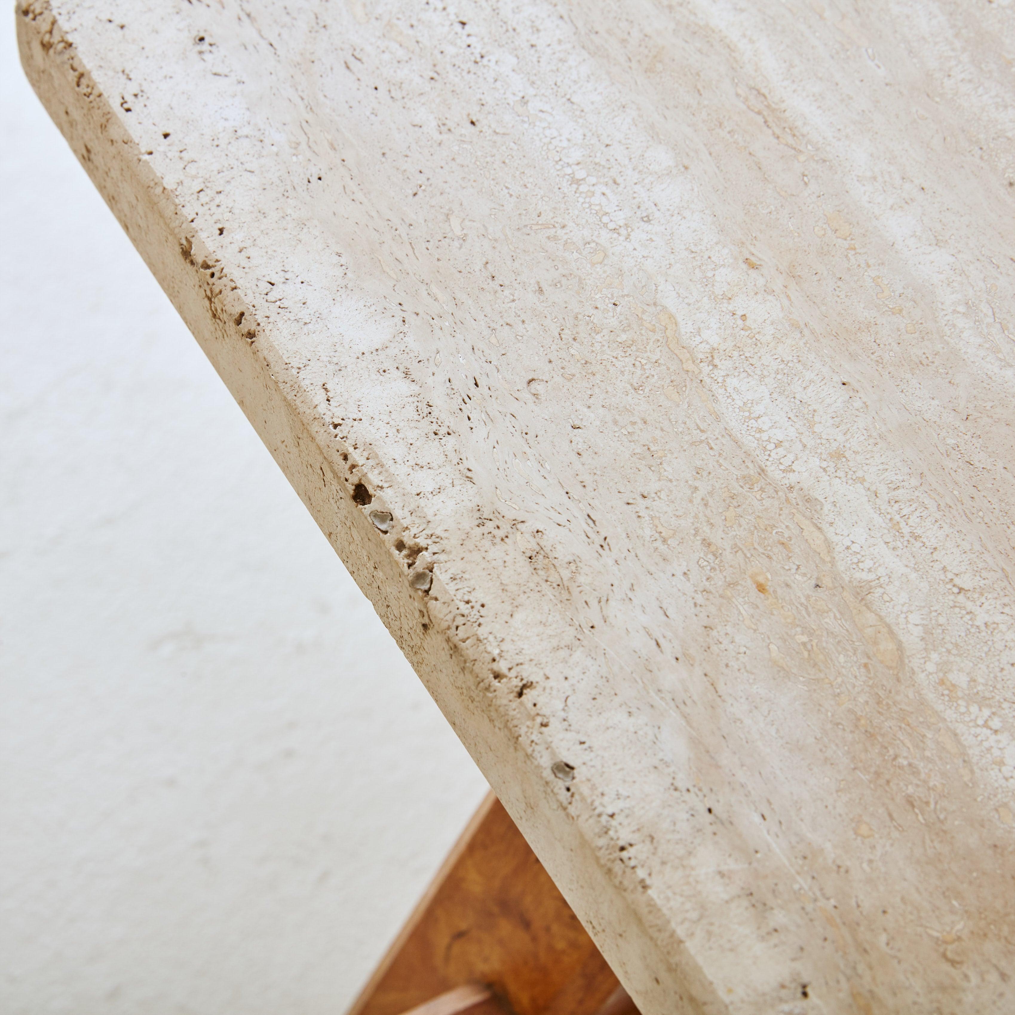 Petite Brutalist Wood + Travertine Top Coffee Table, France 1950s For Sale 4