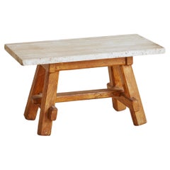 Petite Brutalist Wood + Travertine Top Coffee Table, Francia 1950s