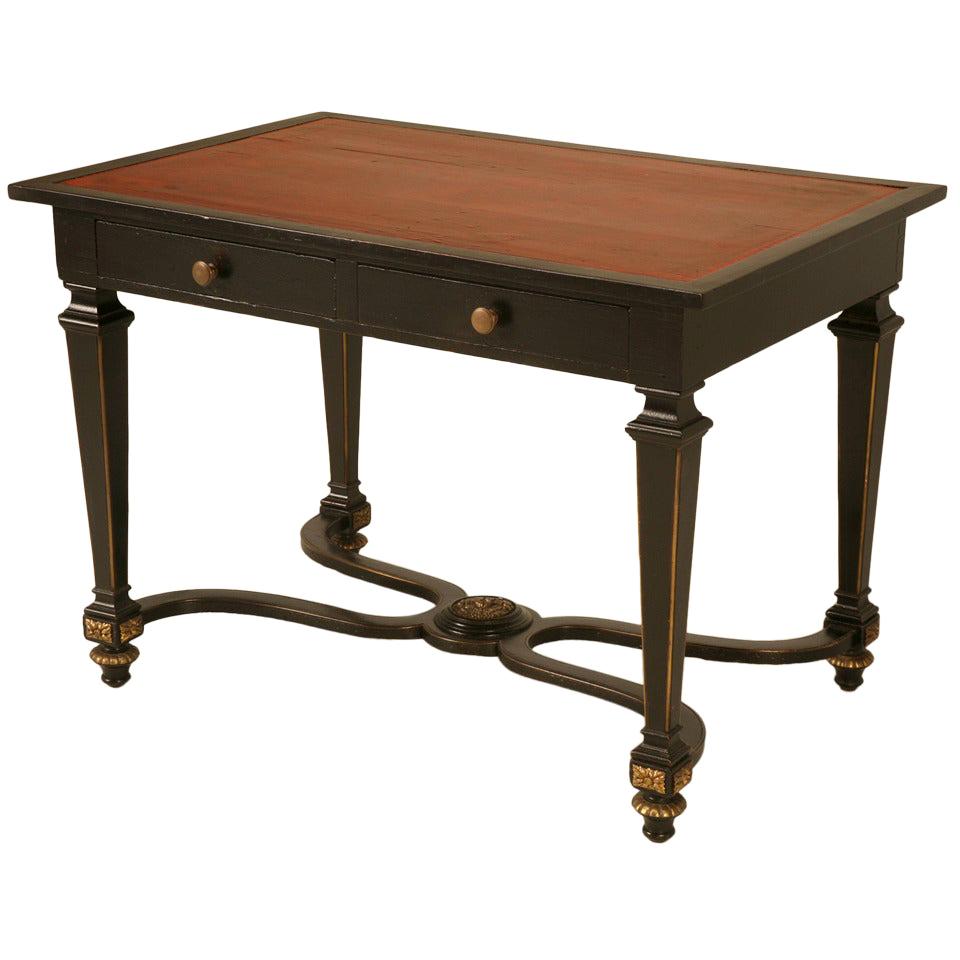 Petite circa 1880 French Napoleon III Black Lacquer Two-Drawer Writing Desk For Sale