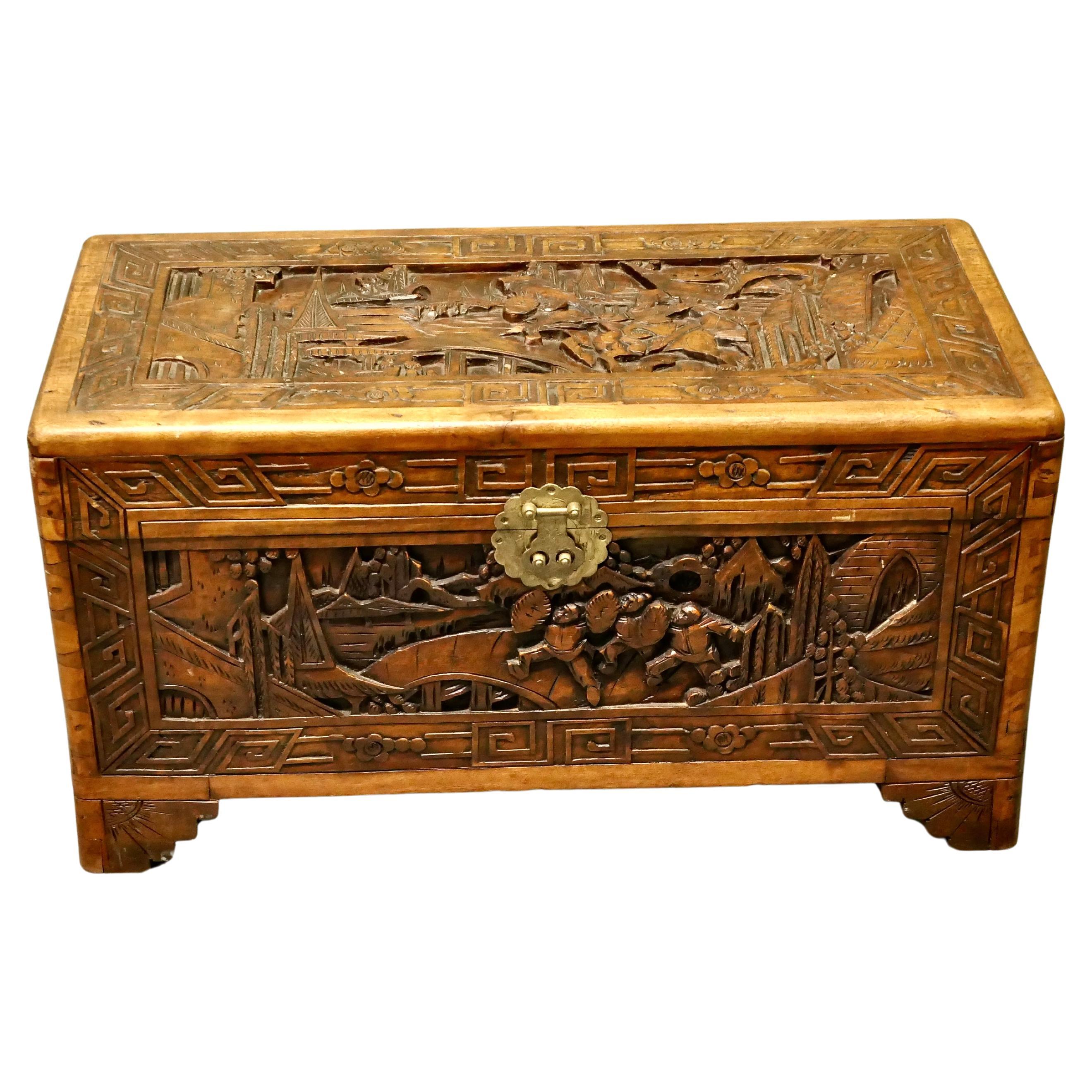 Petite Carved Camphor Wood Chest, Chinoiserie Style, Antique, 1920s