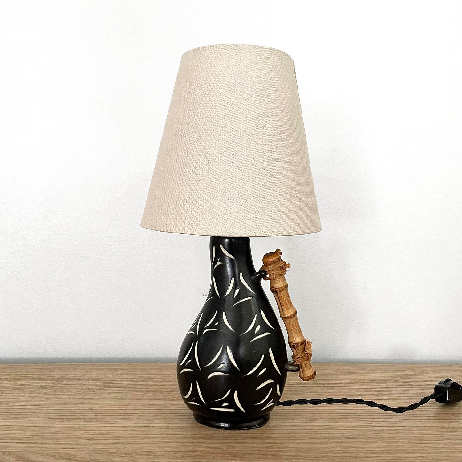 20th Century Petite Ceramic Table Lamp with Bamboo handle 