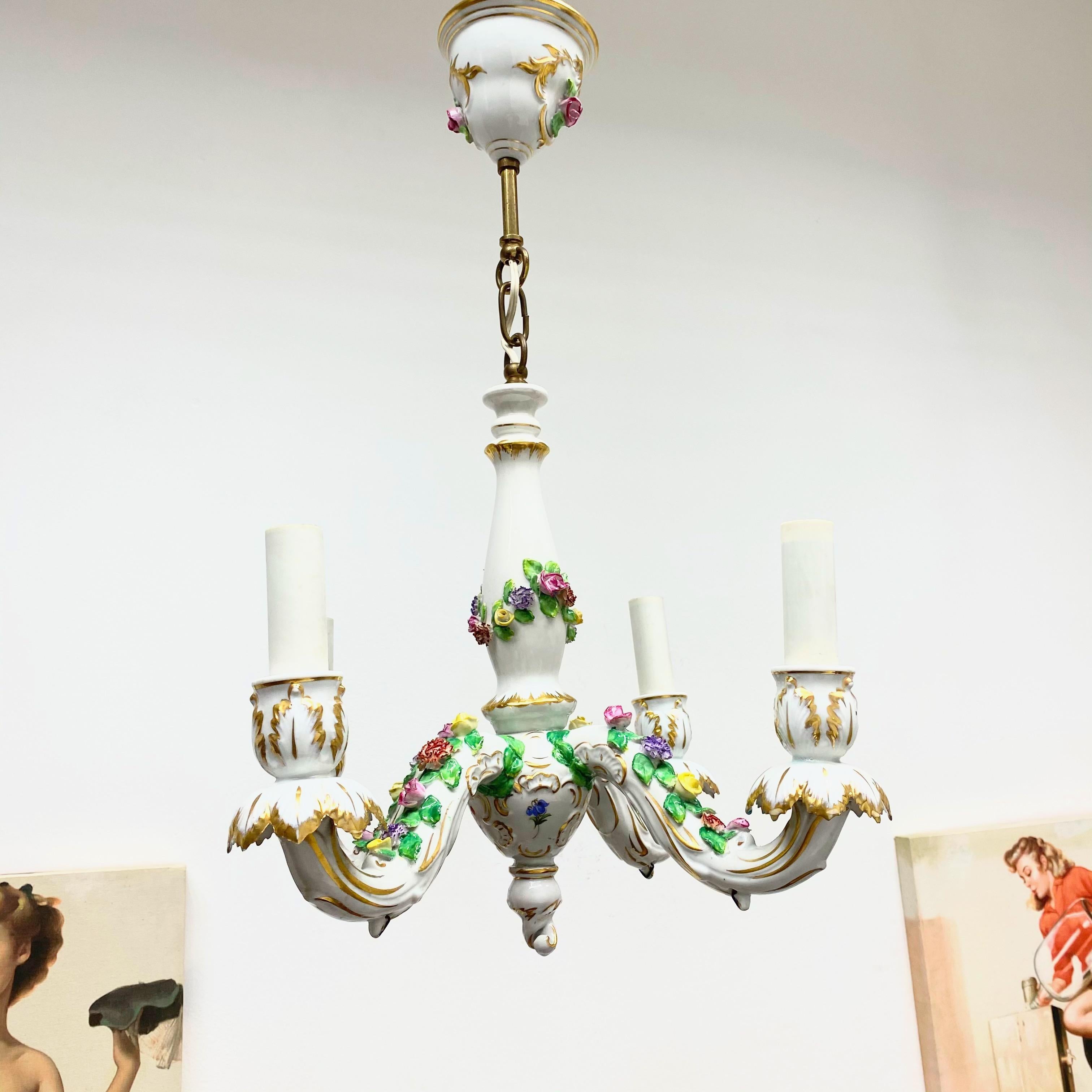 Hollywood Regency Petite Chandelier Hand Painted and Gilded Porcelain, circa 1940 For Sale