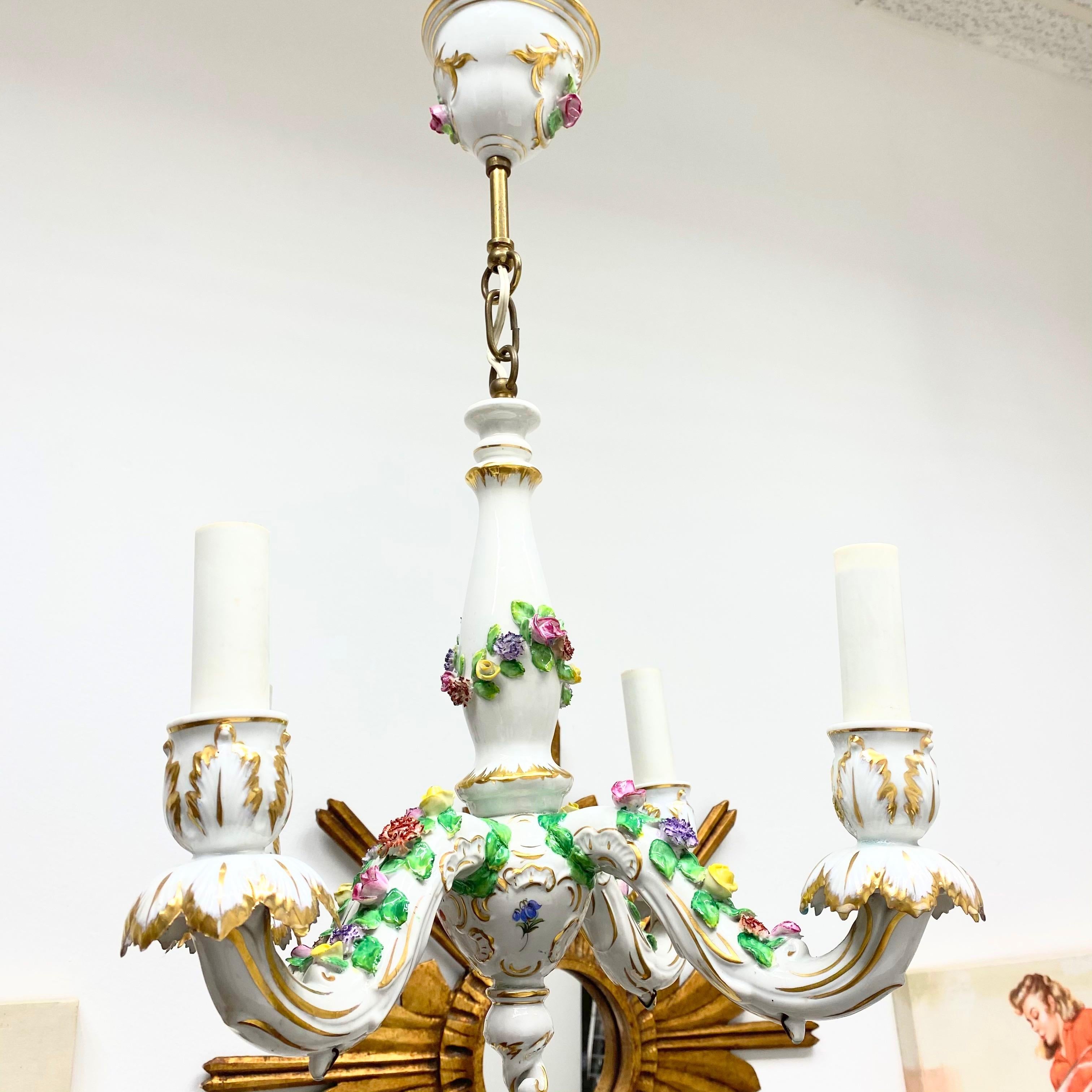 German Petite Chandelier Hand Painted and Gilded Porcelain, circa 1940 For Sale