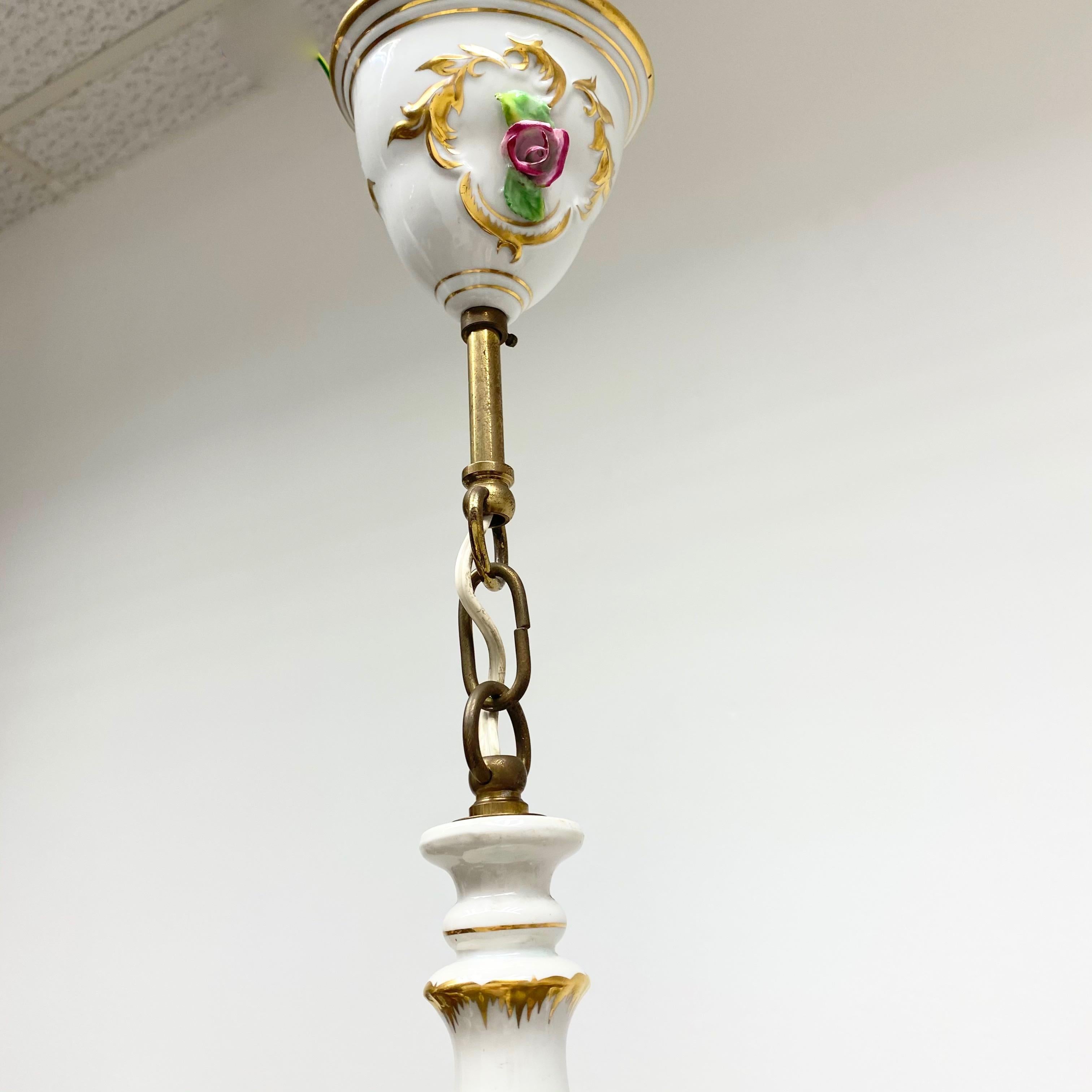 Metal Petite Chandelier Hand Painted and Gilded Porcelain, circa 1940 For Sale