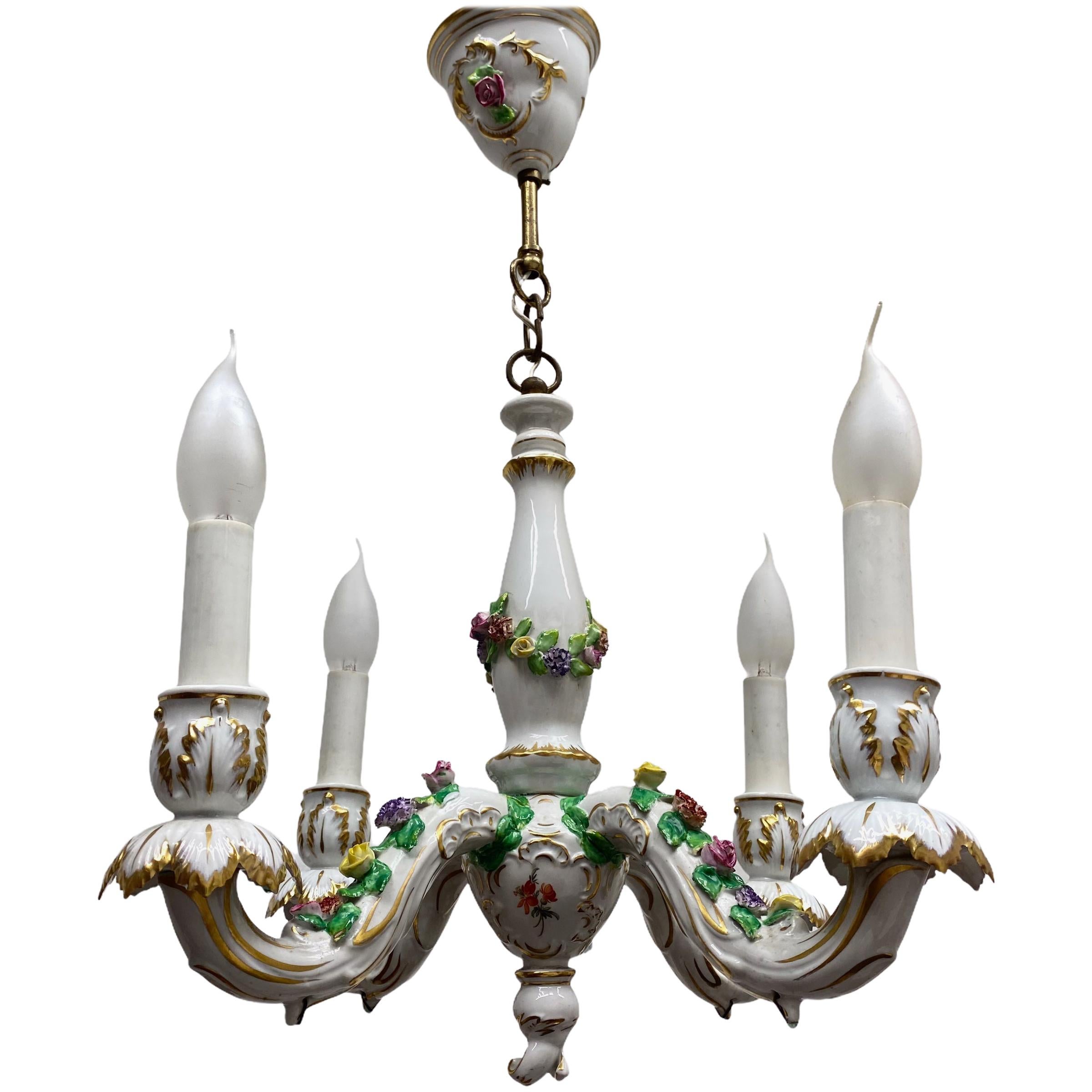Petite Chandelier Hand Painted and Gilded Porcelain, circa 1940 For Sale