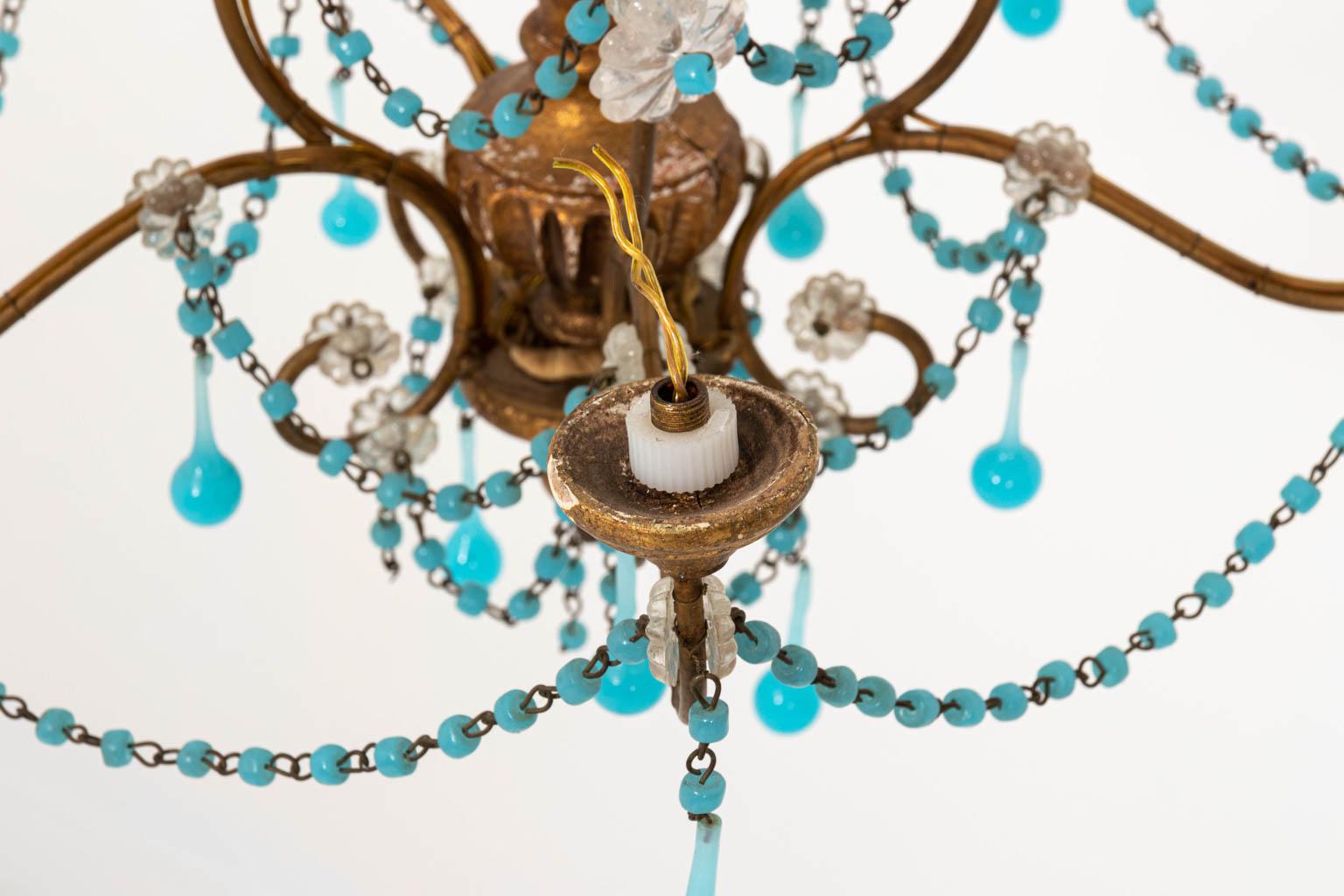 French Petite Chandelier with Blue and Clear Crystal For Sale