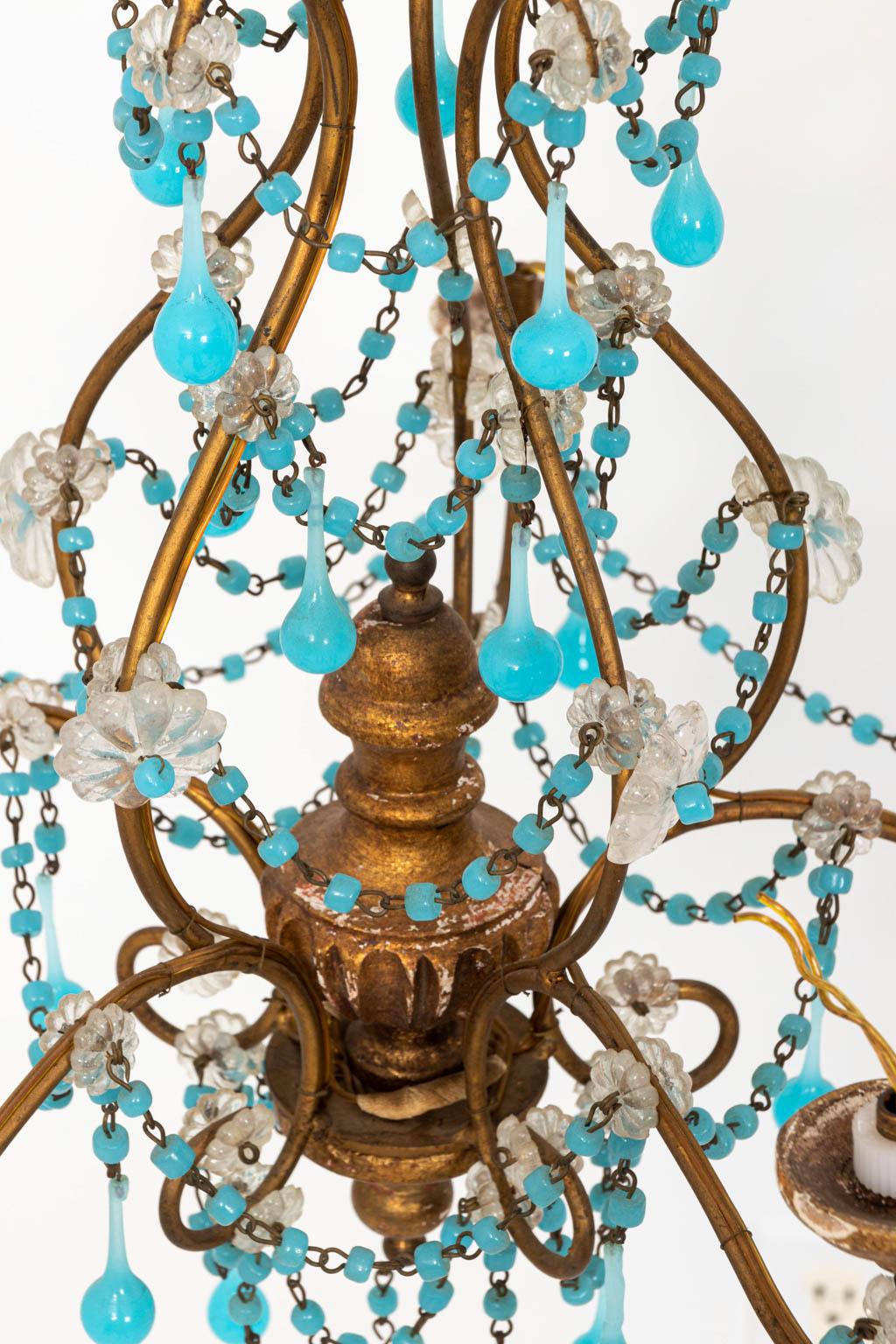Petite Chandelier with Blue and Clear Crystal In Fair Condition For Sale In Stamford, CT