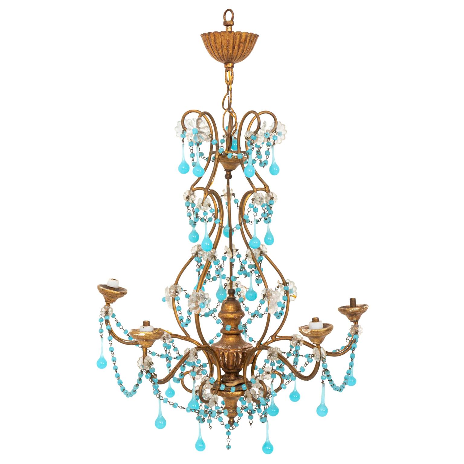 Petite Chandelier with Blue and Clear Crystal For Sale