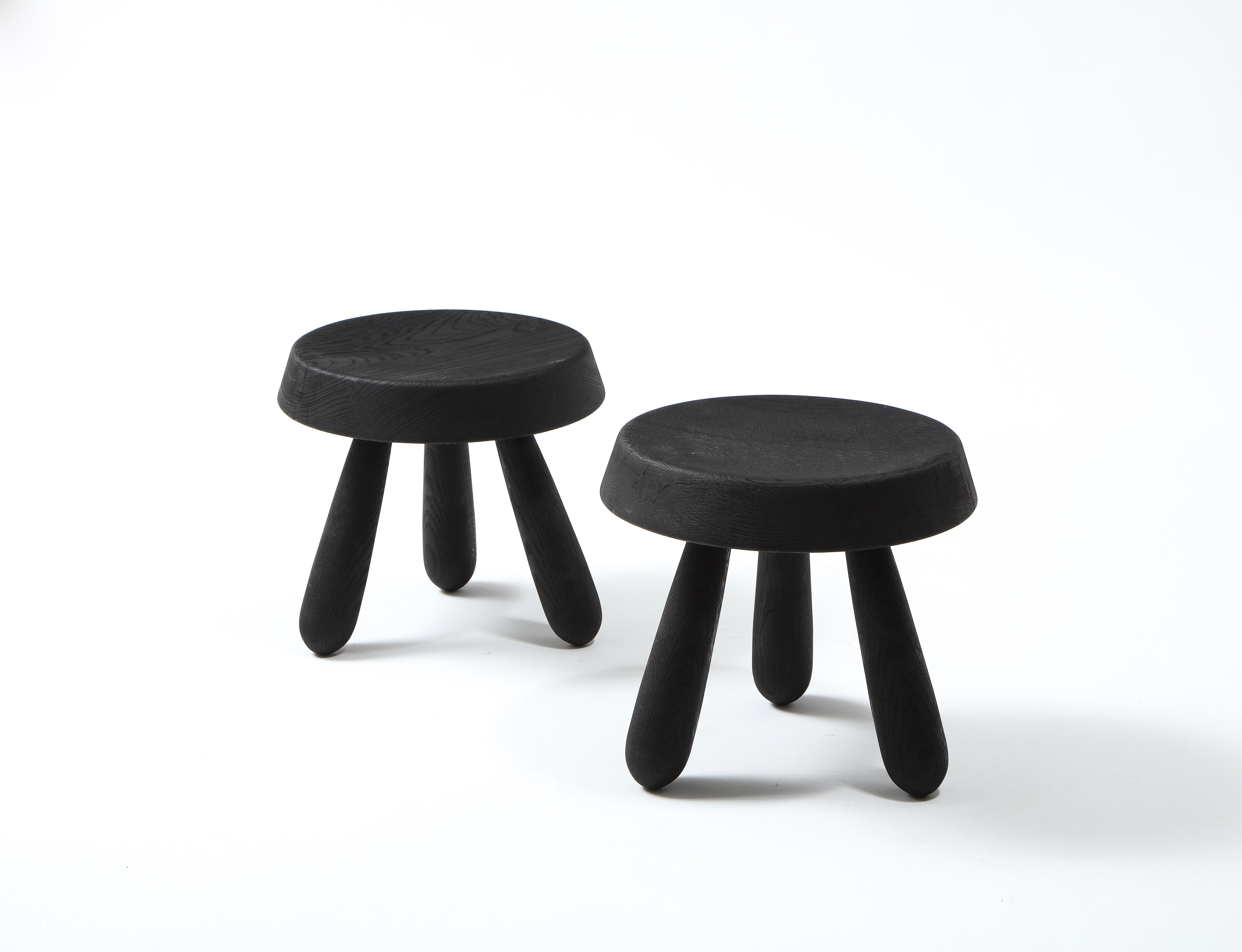Petite Charcoal Burnt Oak Tripod Stool by Douglas Mont for Facto Atelier, Paris In New Condition In New York, NY