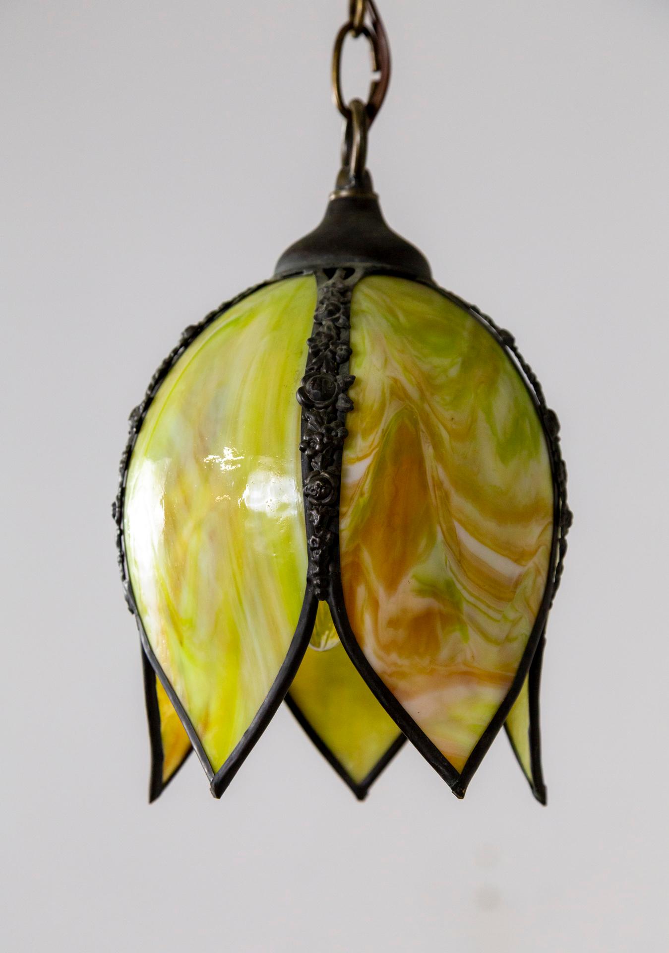 Petite Chartreuse Slag Glass Hanging Tulip Light 4