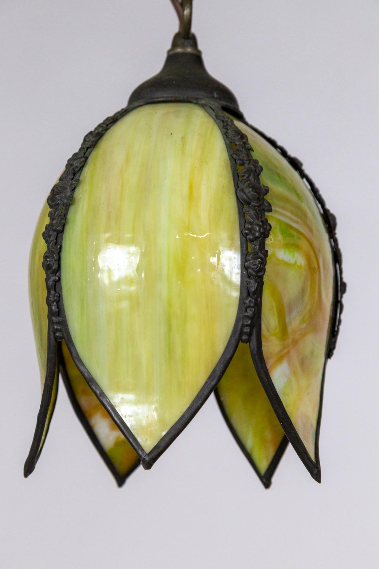 Petite Chartreuse Slag Glass Hanging Tulip Light In Good Condition In San Francisco, CA