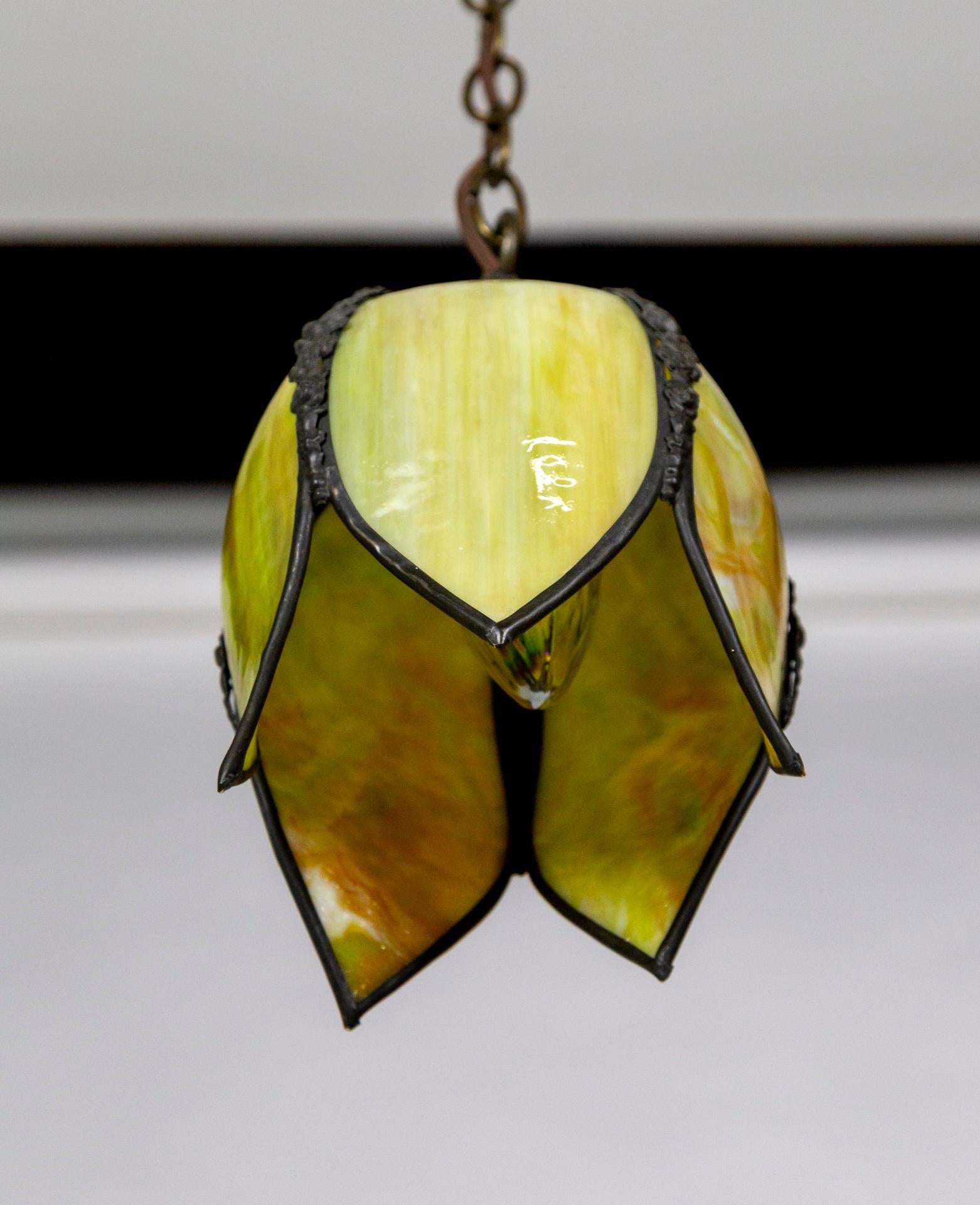 20th Century Petite Chartreuse Slag Glass Hanging Tulip Light