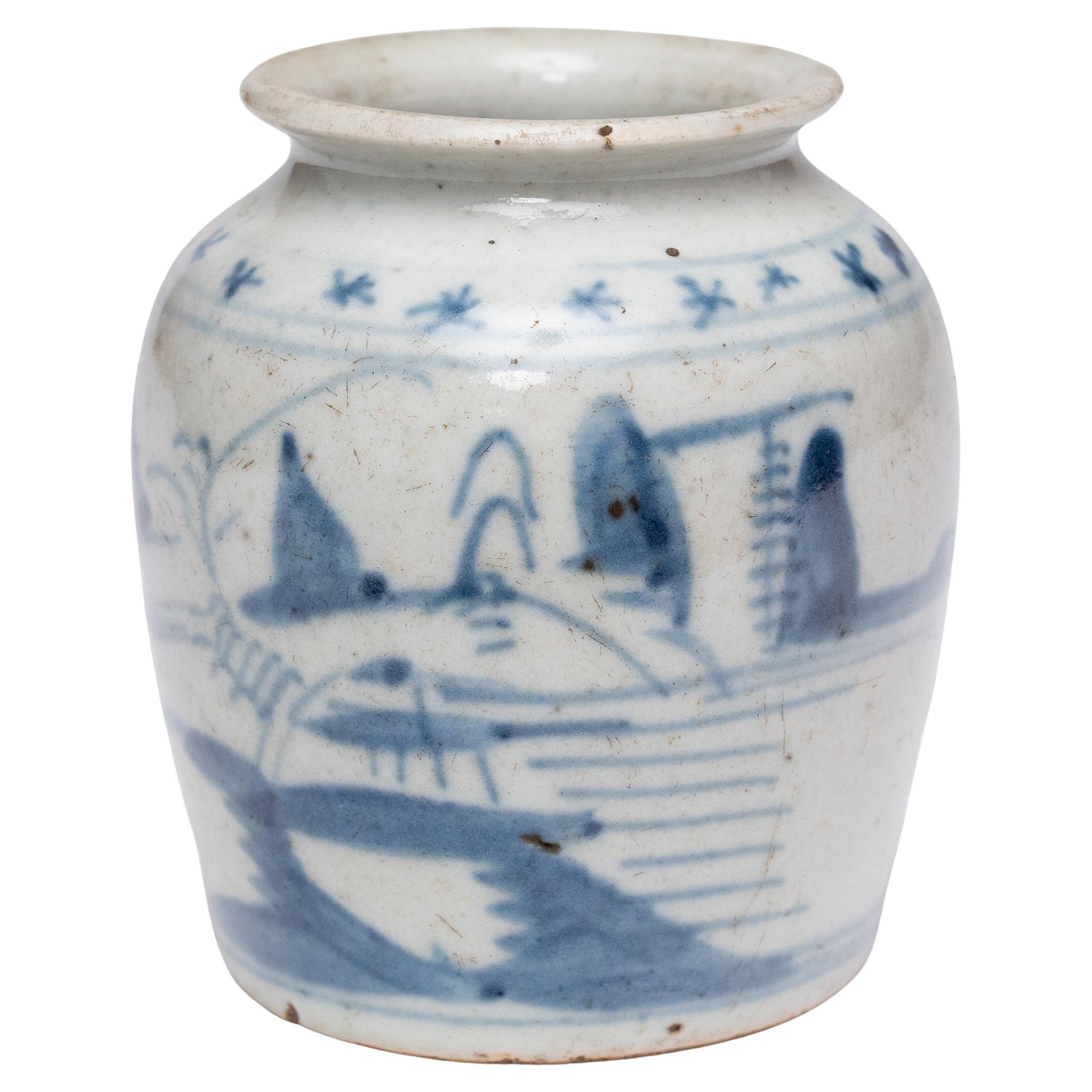 Kleines chinesisches blau-weißes Apothekergefäß, um 1900 im Angebot