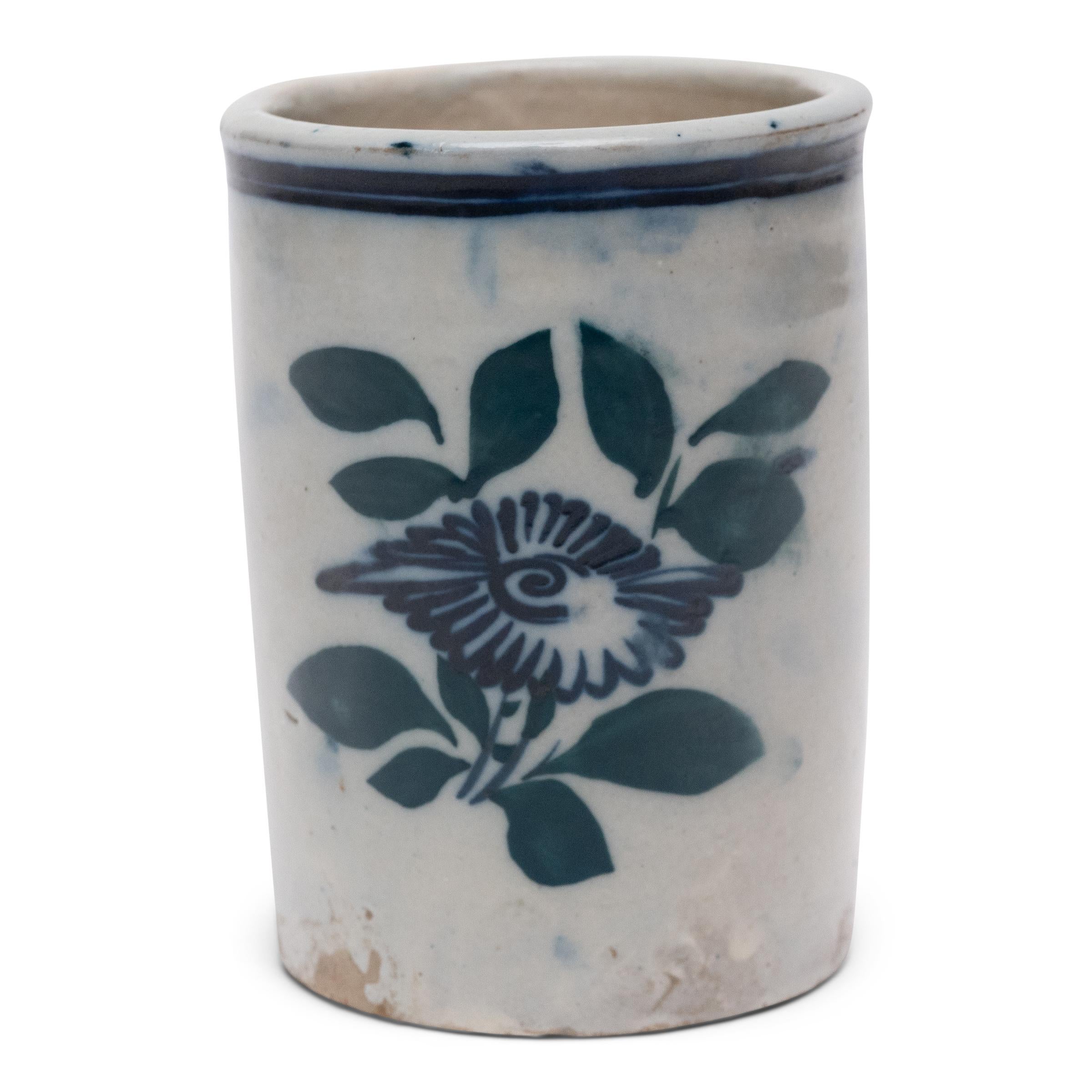 Glazed Petite Chinese Blue & White Brush Pot, c. 1900