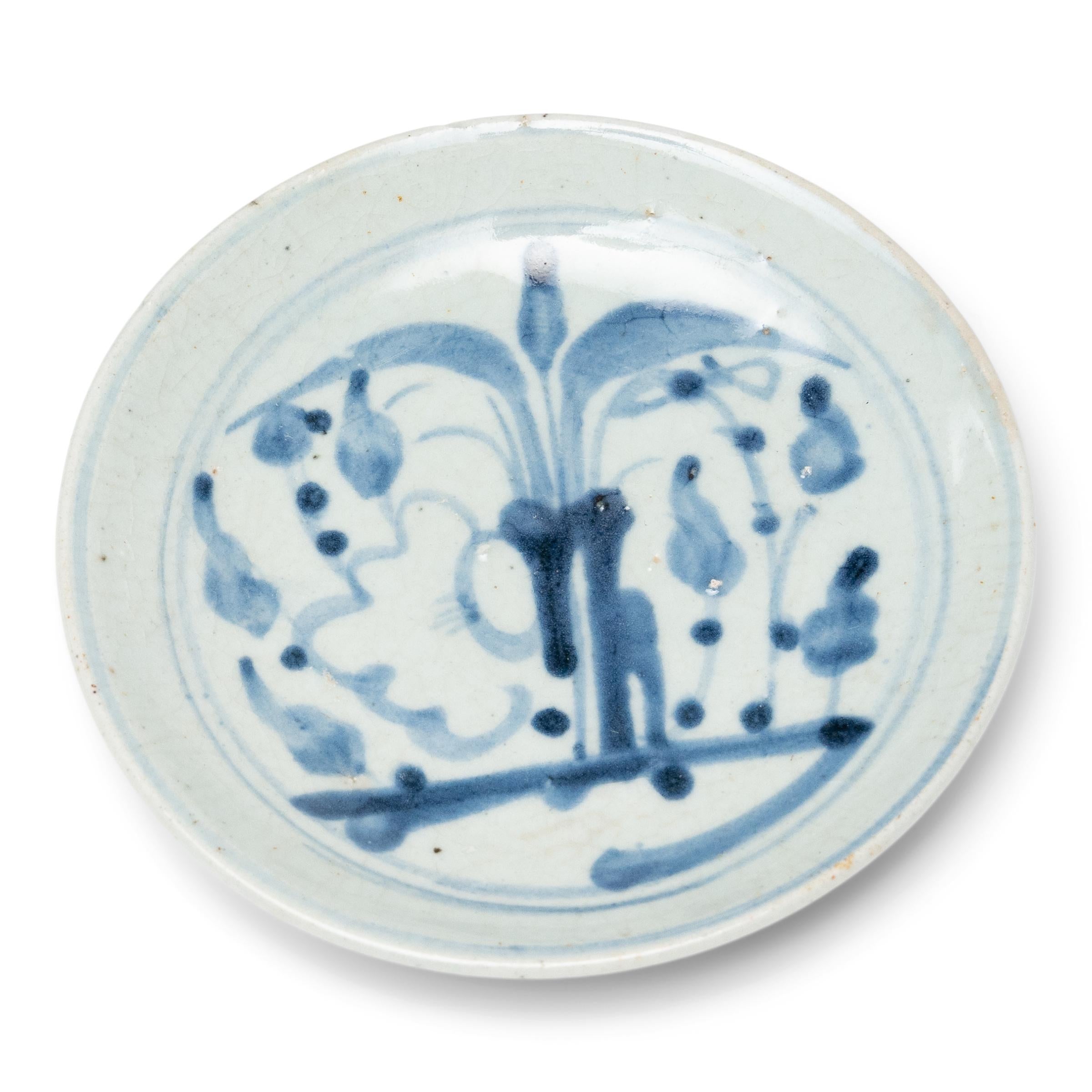 Glazed Petite Chinese Blue & White Lotus Dish, c. 1900 For Sale