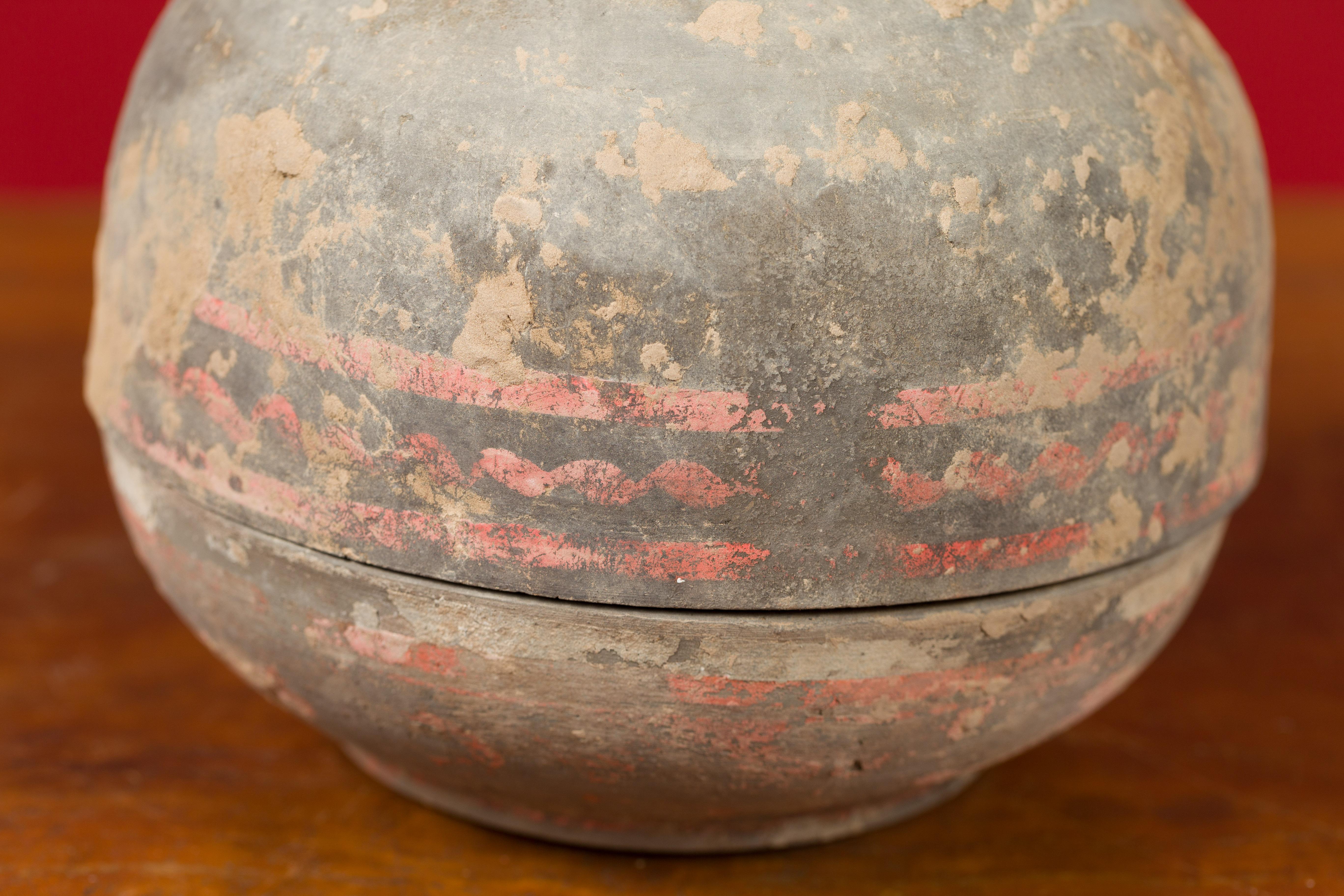 Terracotta Petite Chinese Han Dynasty Lidded Vessel with Original Paint circa 202 BC-200 AD