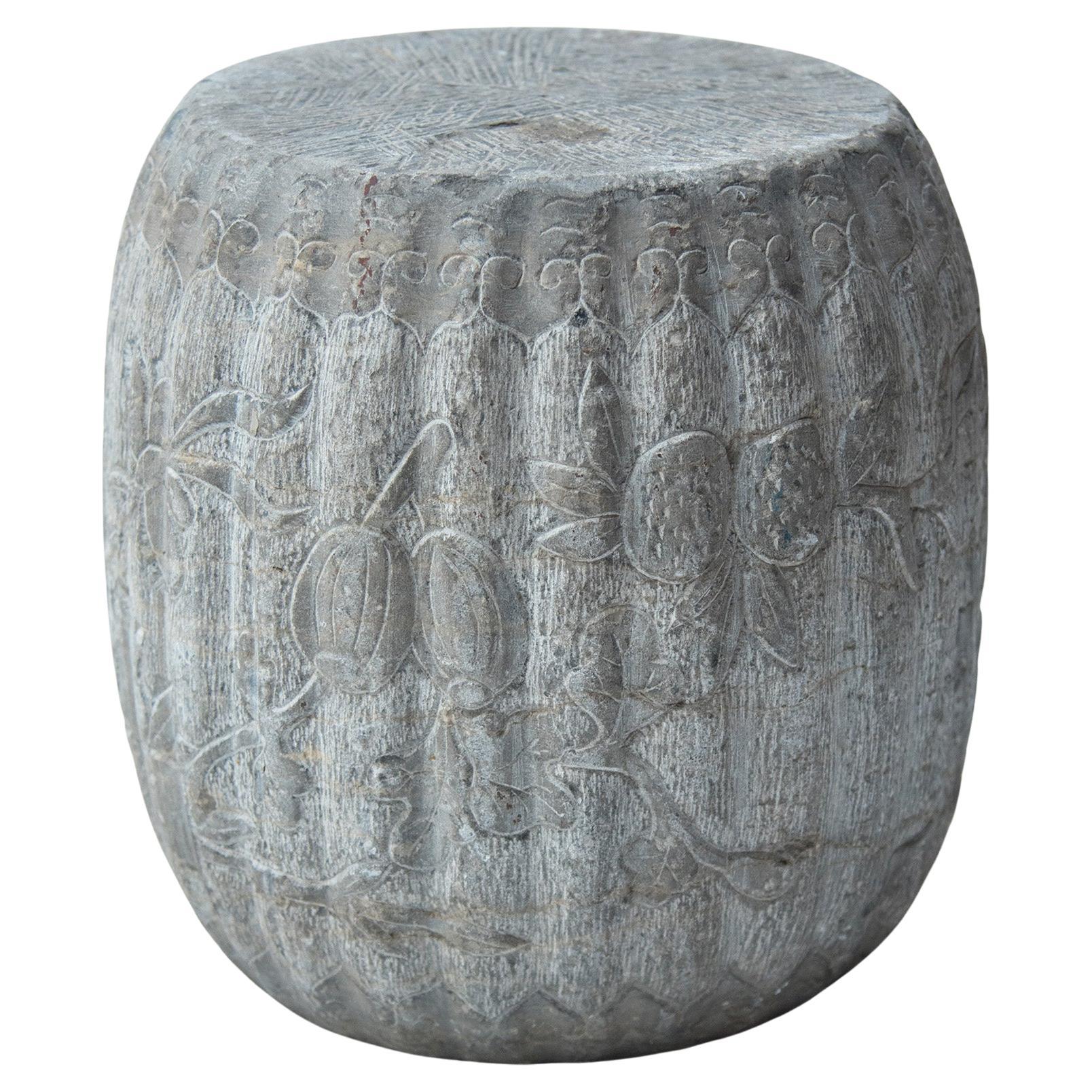 Petite Chinese Melon Stone Drum with Fruit & Flora, c. 1900