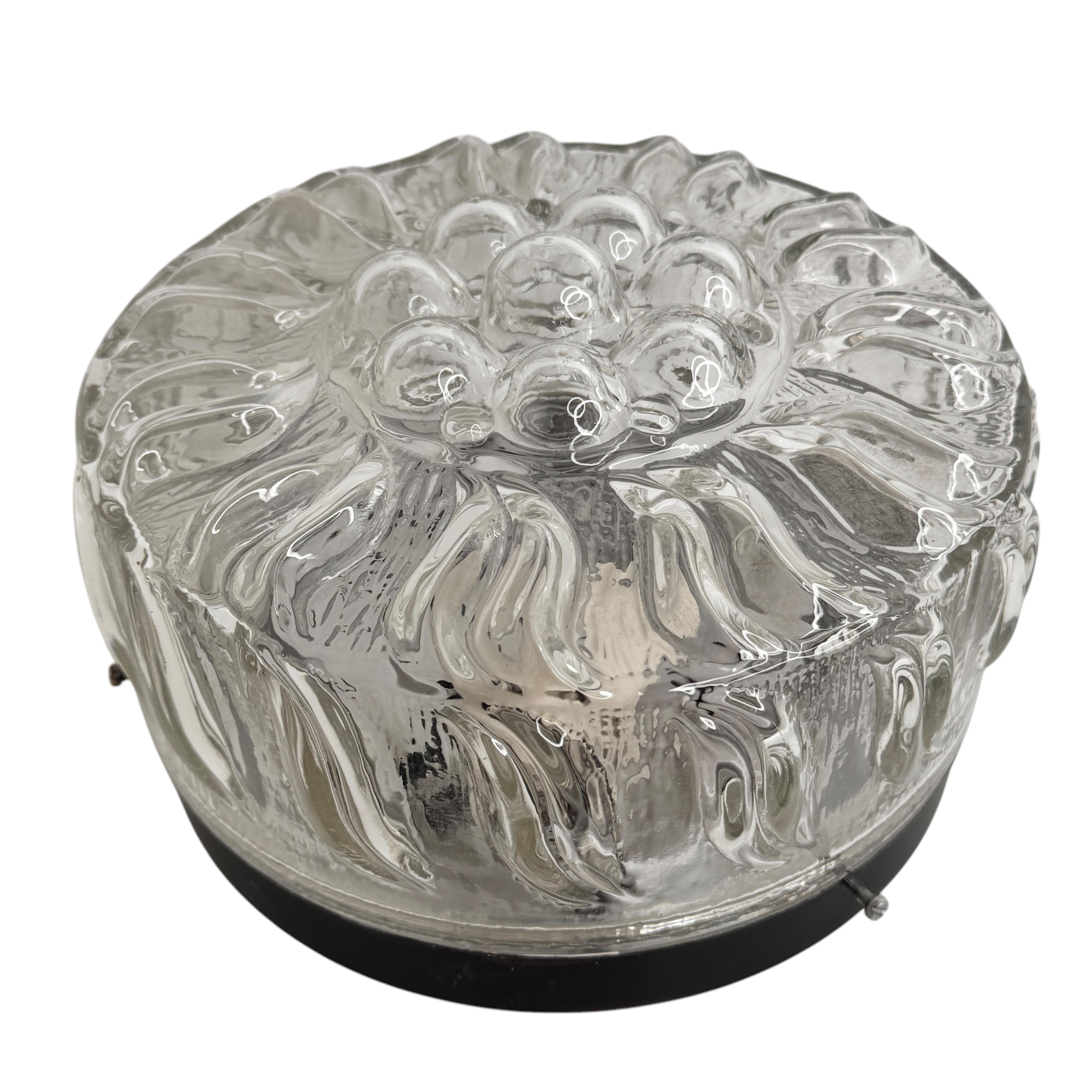Métal Petit plafonnier circulaire en verre transparent à motif de tournesol, 1970 en vente