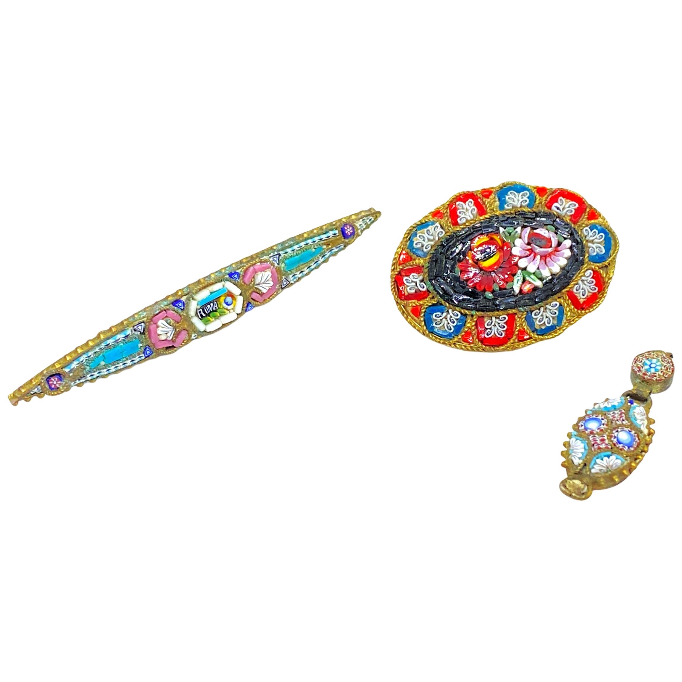 Petite Collection of Three Vintage Micro Mosaic Jewelry Millefiori Venice, Italy