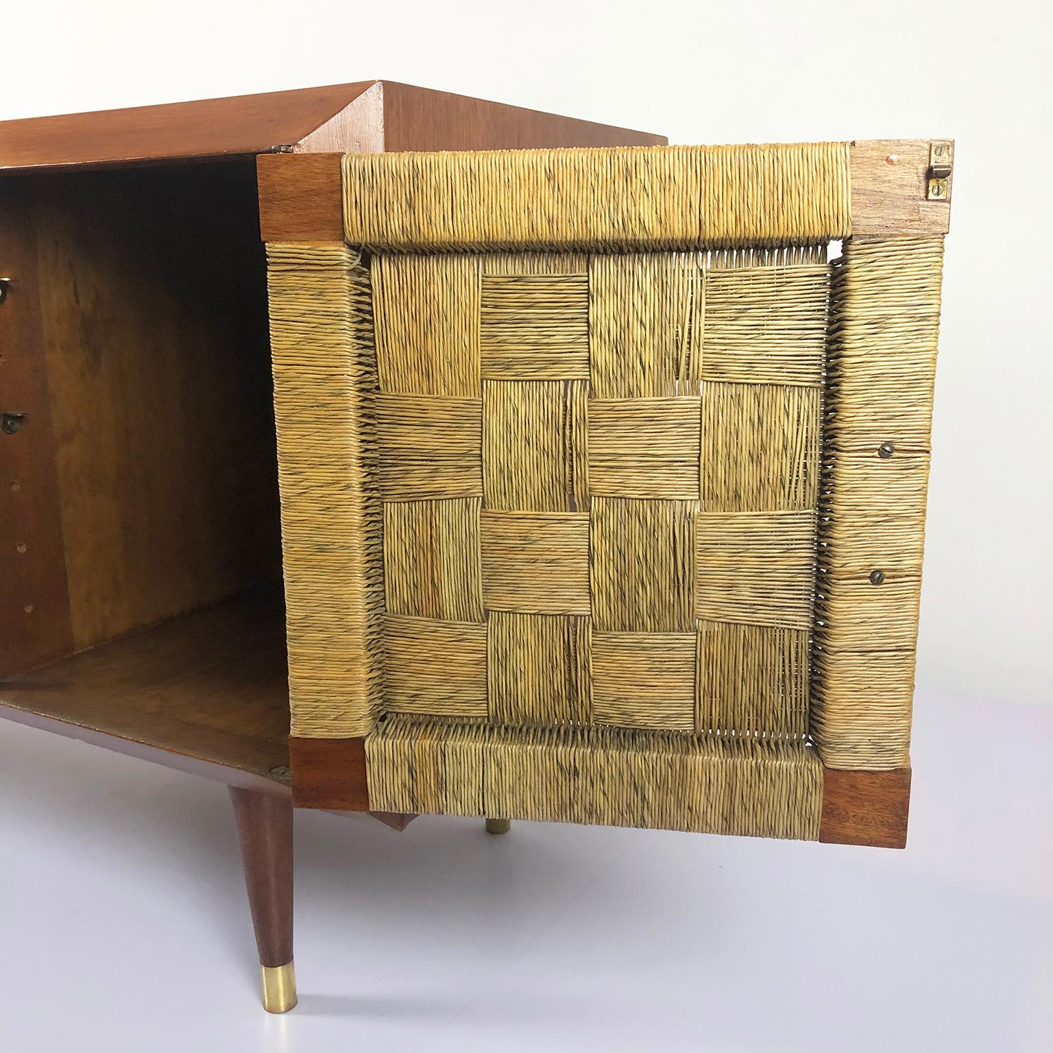 Mexican Petite Credenza in Mahogany and Woven Sea Grass Attributed to Edmond Spence For Sale