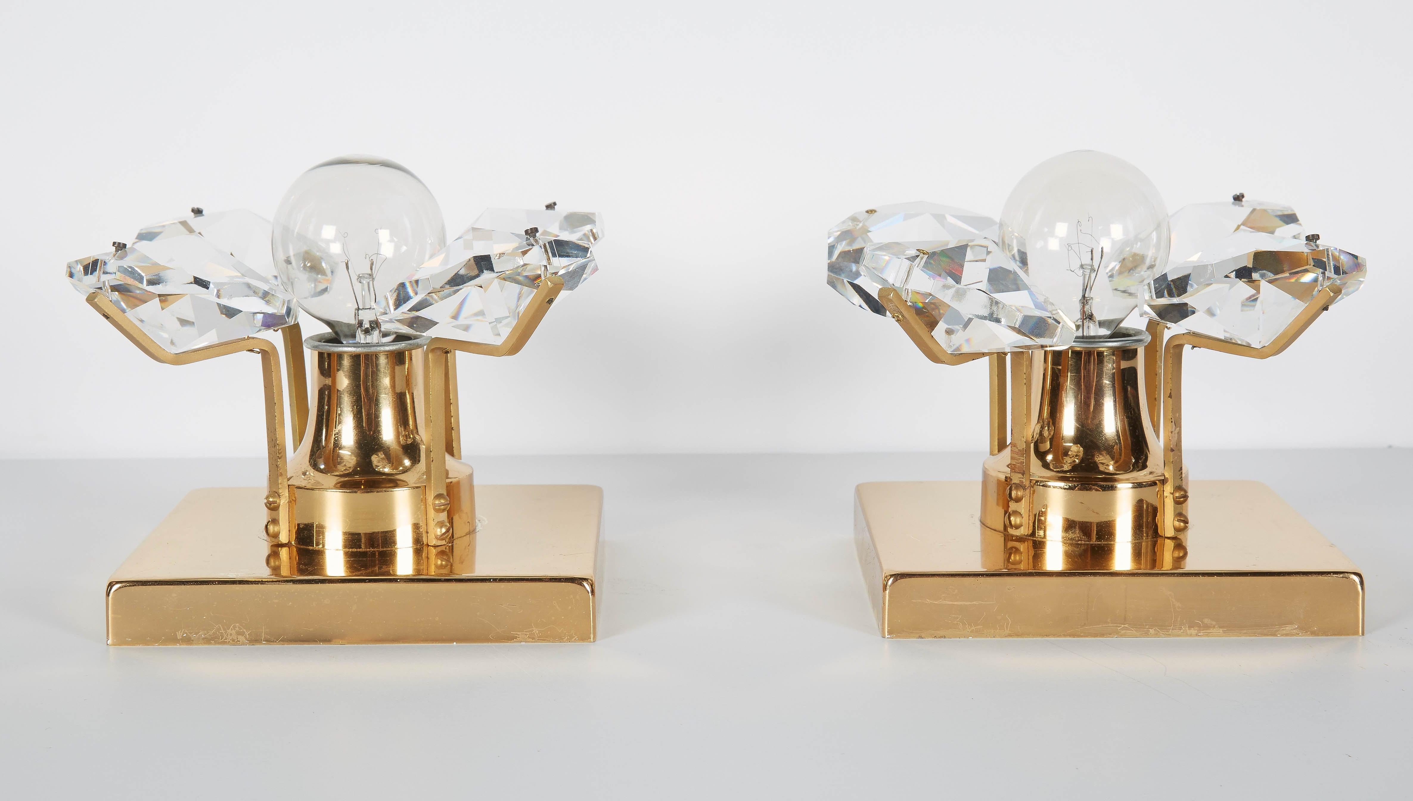 Petite Crystal and Brass Sconces with Flower Design, Germany, circa 1970s In Good Condition In Fort Lauderdale, FL