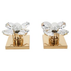 Petite Crystal and Brass Sconces with Flower Design, Germany, circa 1970s