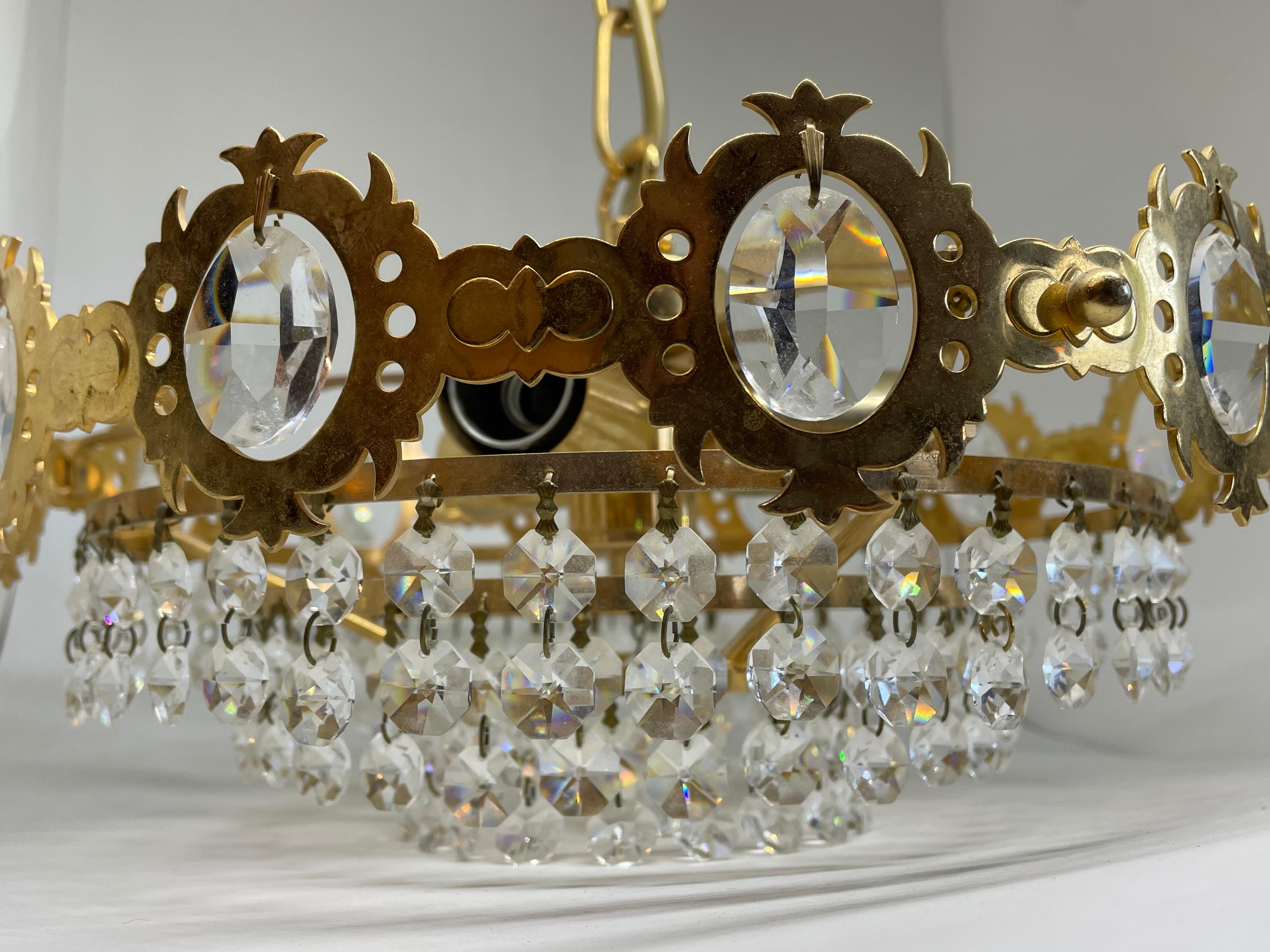 Gold Plate Petite Crystal Glass Waterfall Chandelier, Palwa Leuchten, Germany, 1960s For Sale