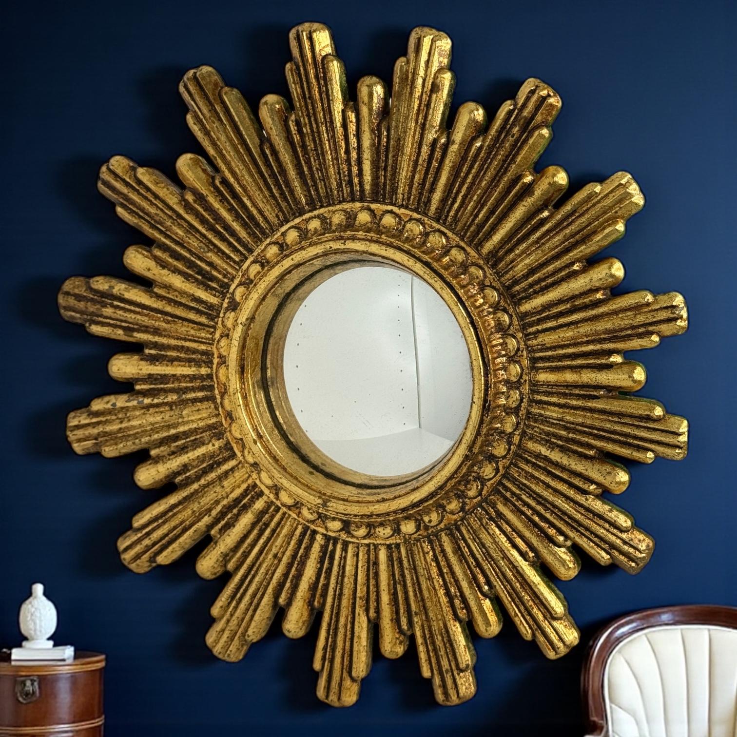 Petite Cute Starburst Sunburst Gilded Resin Convex Mirror Belgium, circa 1970s For Sale 3