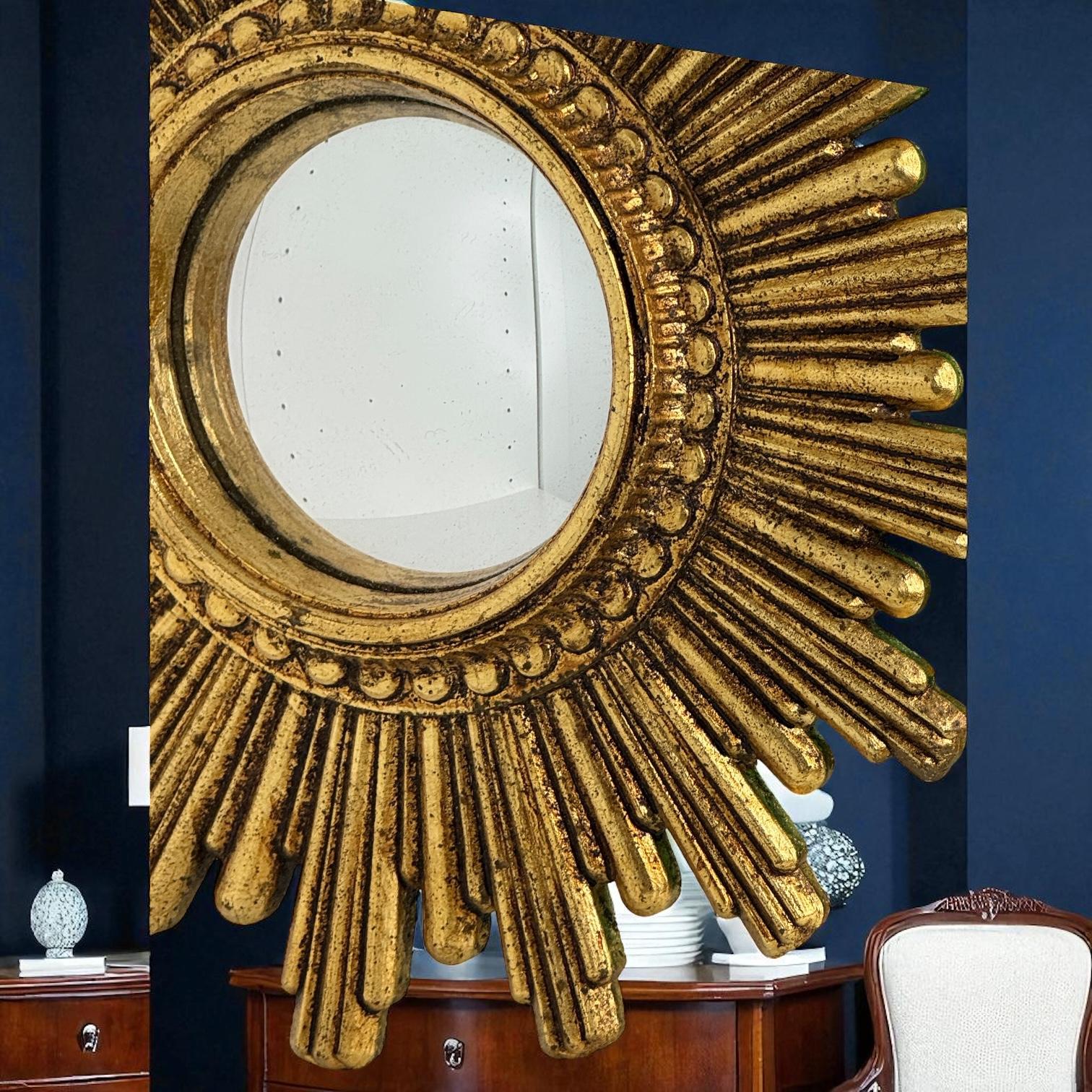 Petite Cute Starburst Sunburst Gilded Resin Convex Mirror Belgium, circa 1970s For Sale 4