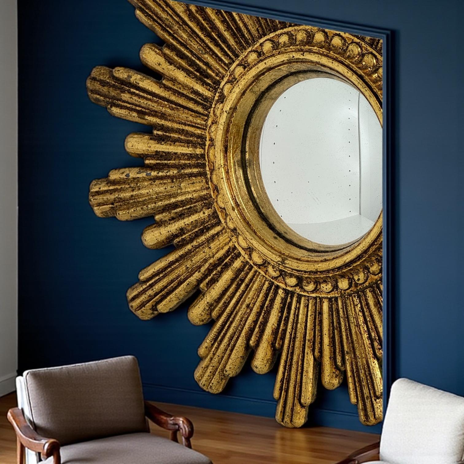 Petite Cute Starburst Sunburst Gilded Resin Convex Mirror Belgium, circa 1970s For Sale 5
