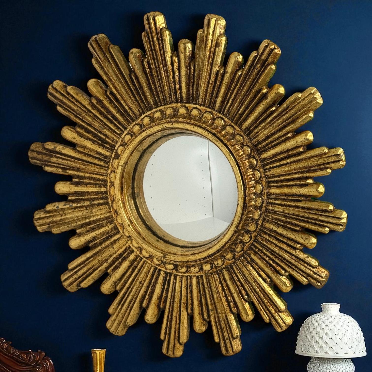 Petite Cute Starburst Sunburst Gilded Resin Convex Mirror Belgium, circa 1970s For Sale 6