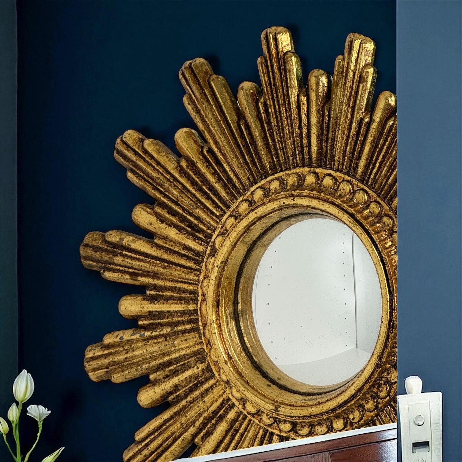 Petite Cute Starburst Sunburst Gilded Resin Convex Mirror Belgium, circa 1970s For Sale 9