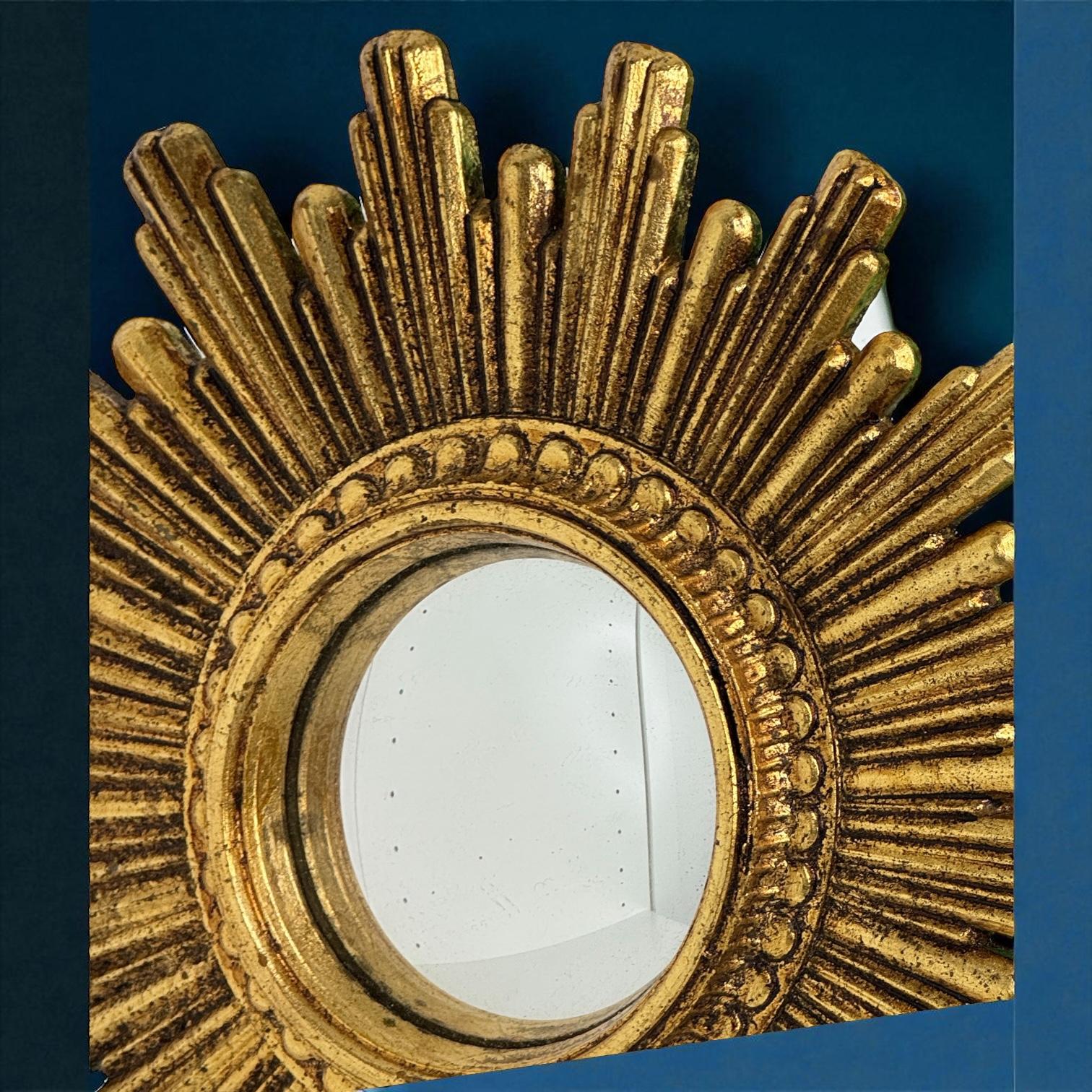 Petite Cute Starburst Sunburst Gilded Resin Convex Mirror Belgium, circa 1970s For Sale 10