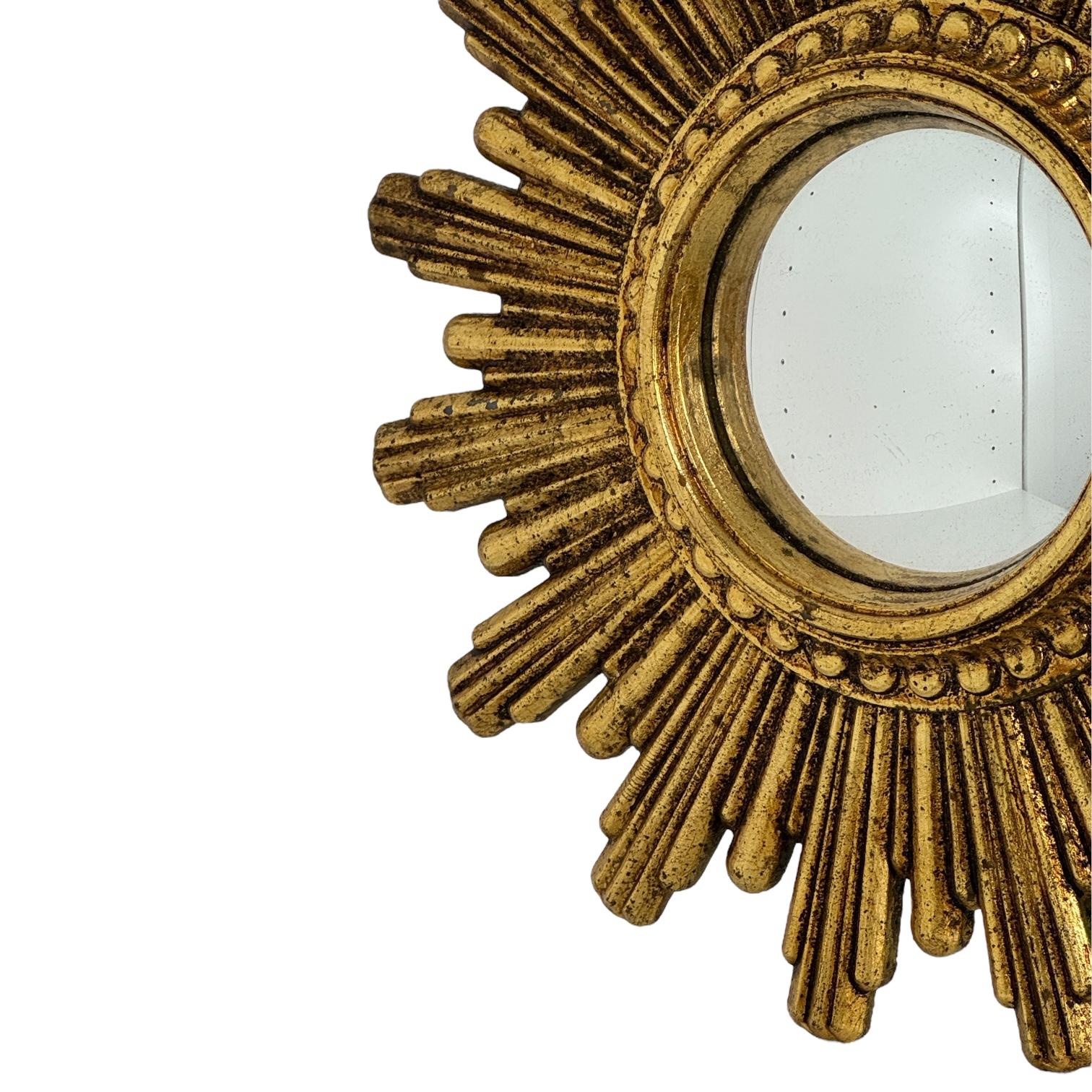 Belgian Petite Cute Starburst Sunburst Gilded Resin Convex Mirror Belgium, circa 1970s For Sale