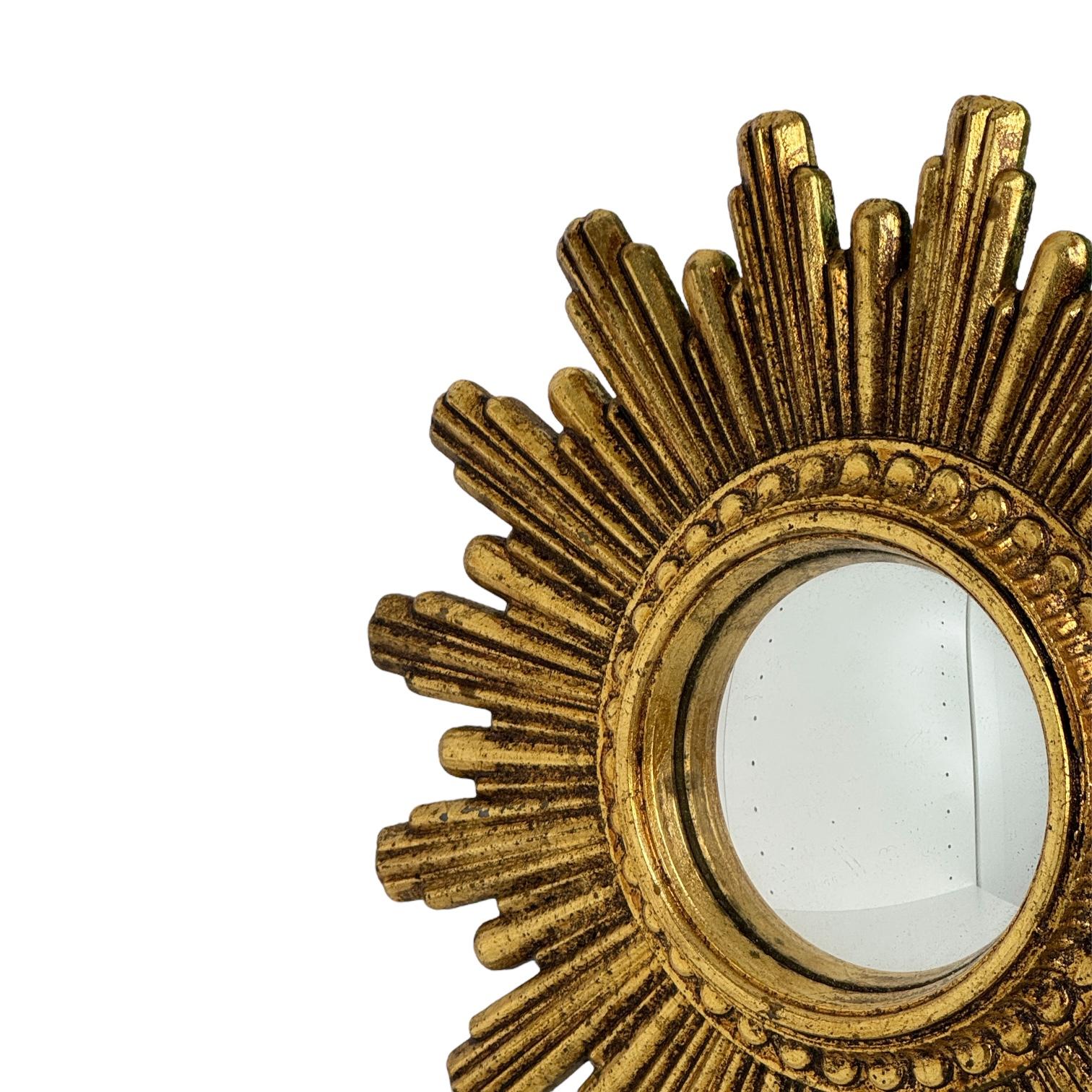 Petite Cute Starburst Sunburst Gilded Resin Convex Mirror Belgium, circa 1970s For Sale 1