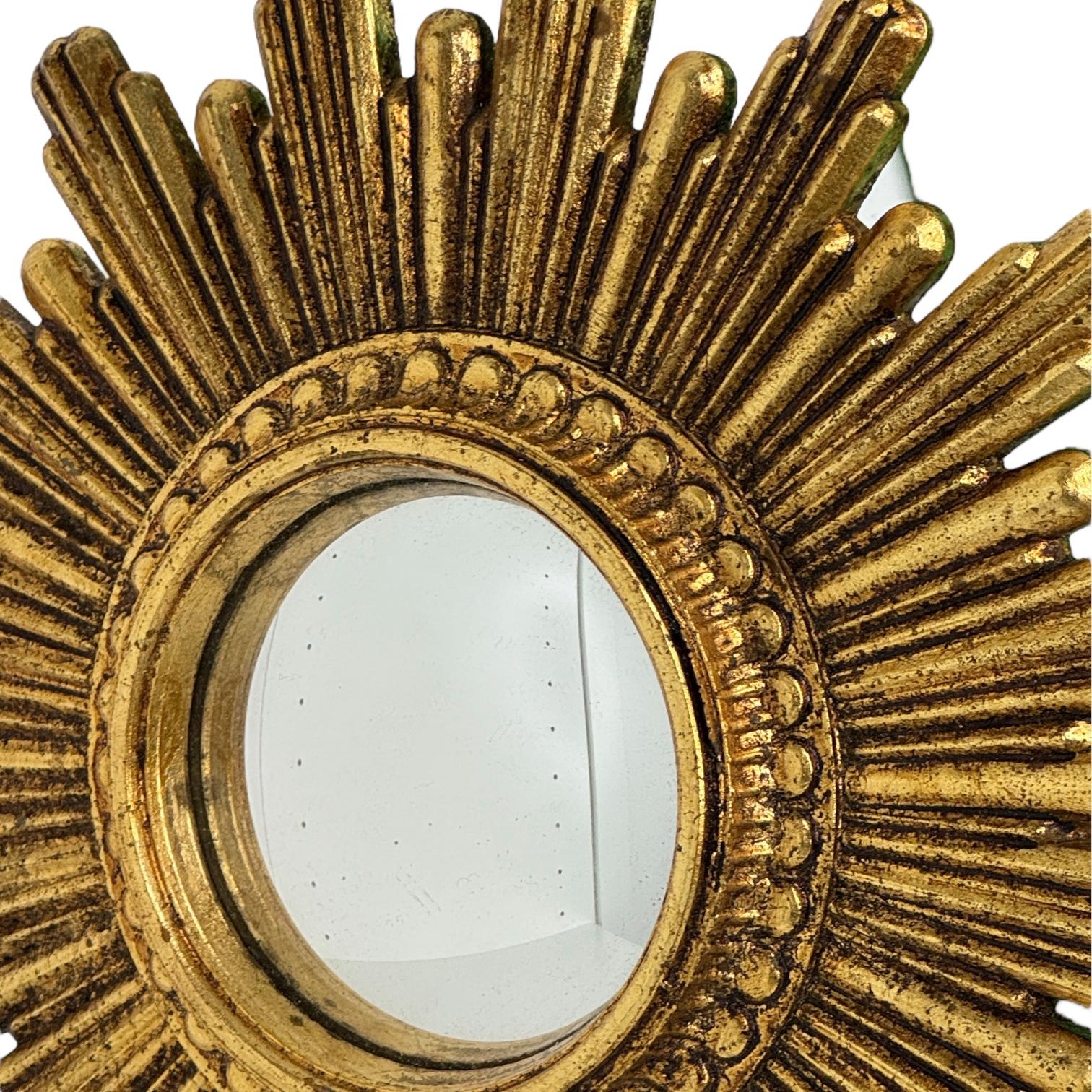 Petite Cute Starburst Sunburst Gilded Resin Convex Mirror Belgium, circa 1970s For Sale 2