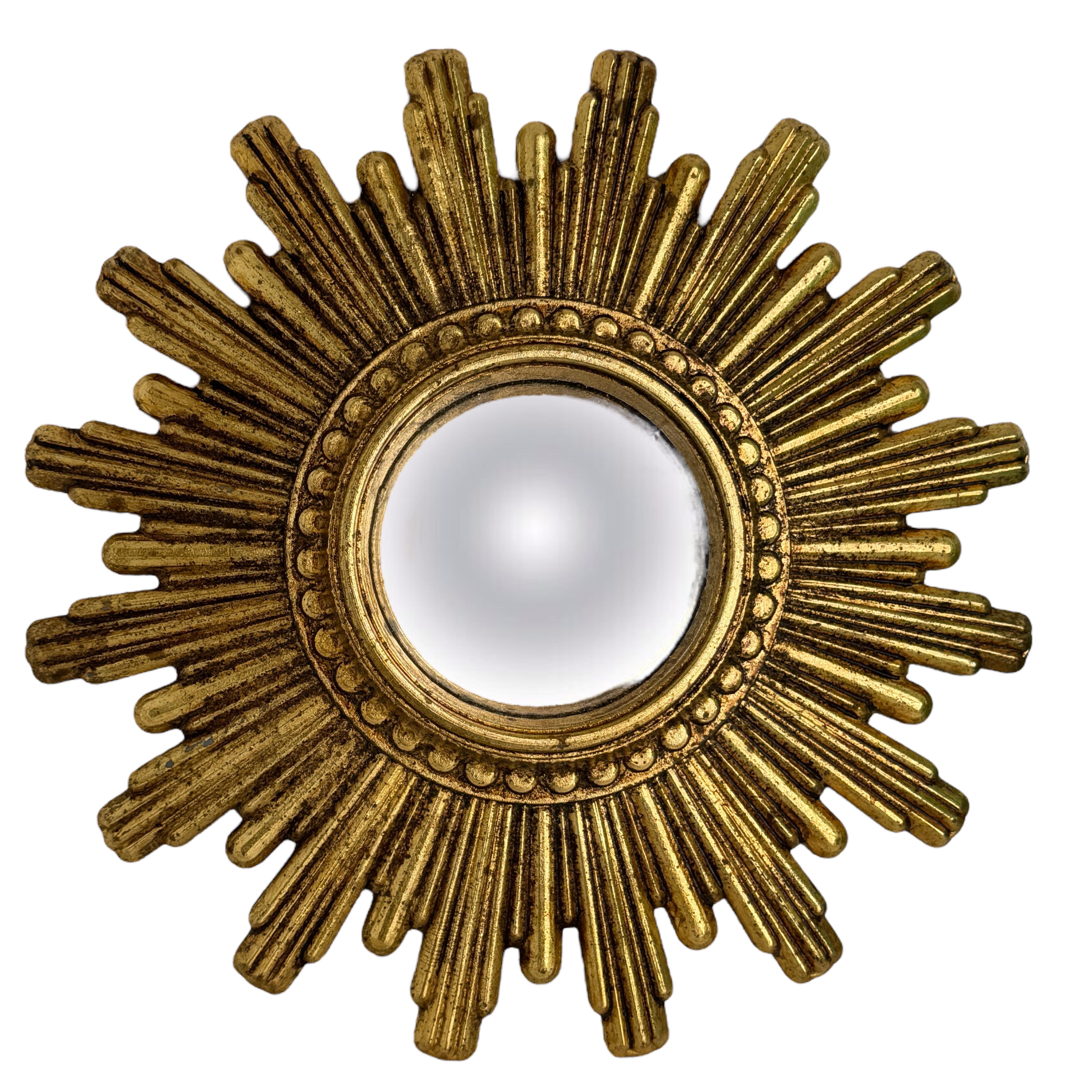 Petite Cute Starburst Sunburst Gilded Resin Convex Mirror Belgium, circa 1970s
