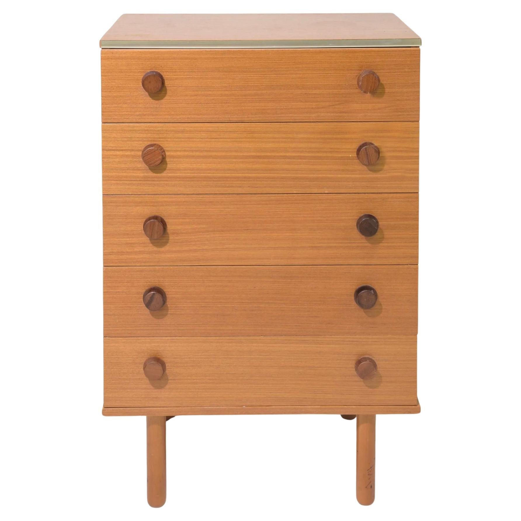 Petite Danish modern teak 5 drawer narrow dresser with teak round knobs  For Sale