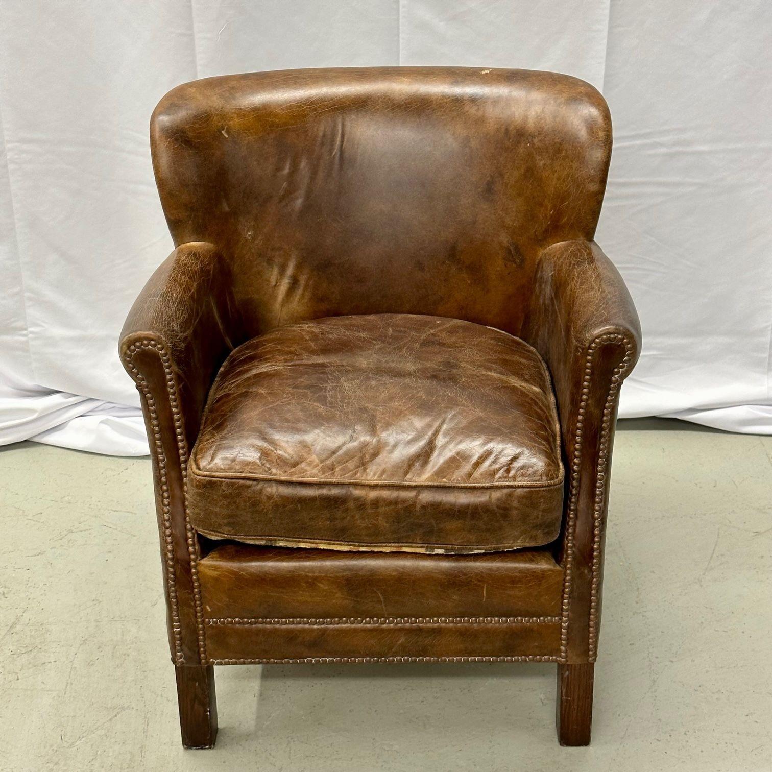 Petite Danish Style Distressed Leather Club / Lounge / Arm / Desk Chair
Petite Distressed Leather Club / Lounge / Arm Chair, Danish Style
A tasteful Georgian style arm or small lounge chair bearing beautifully distressed leather. The low fan back