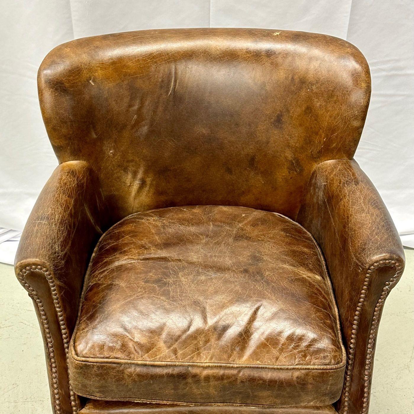 Art Deco Petite Danish Style Distressed Leather Club / Lounge / Arm / Desk Chair