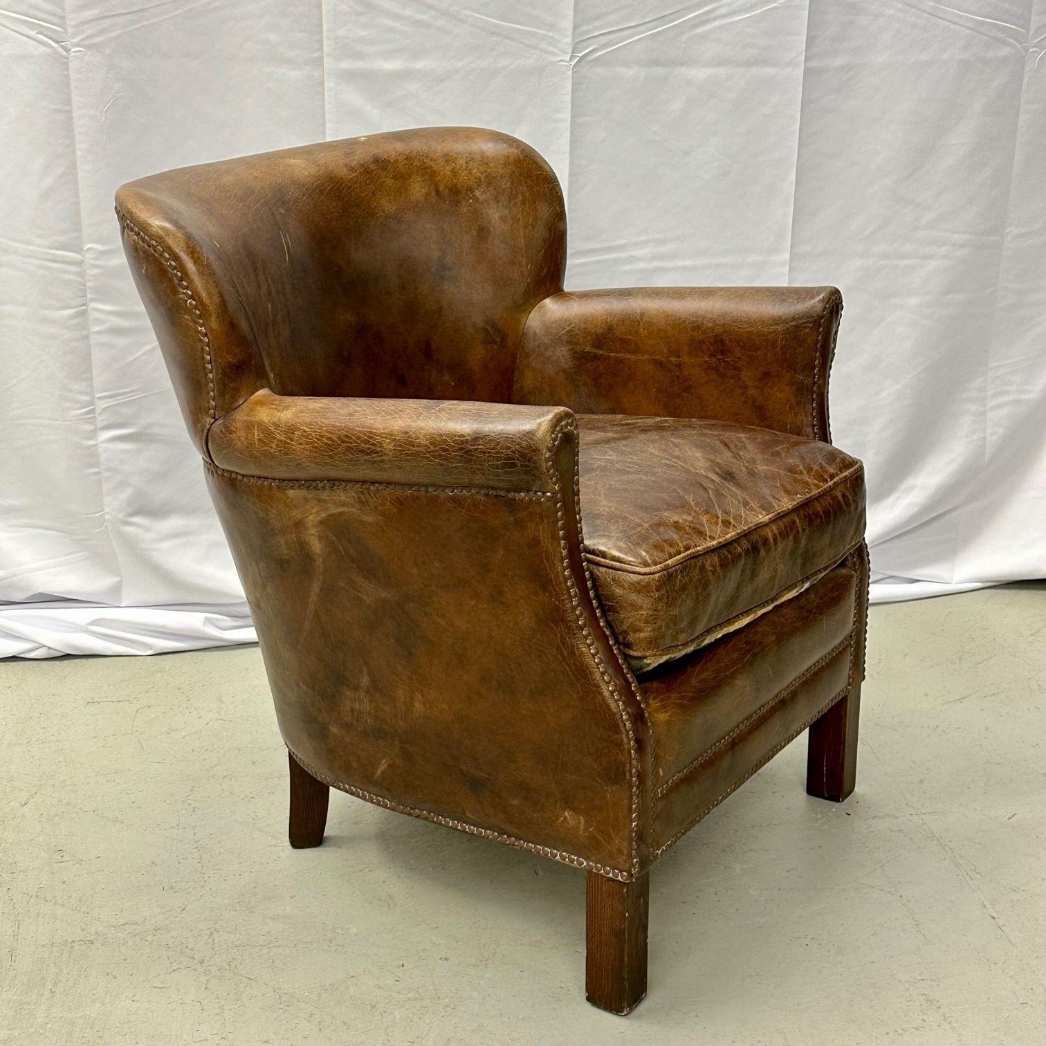 Petite Danish Style Distressed Leather Club / Lounge / Arm / Desk Chair In Good Condition In Stamford, CT