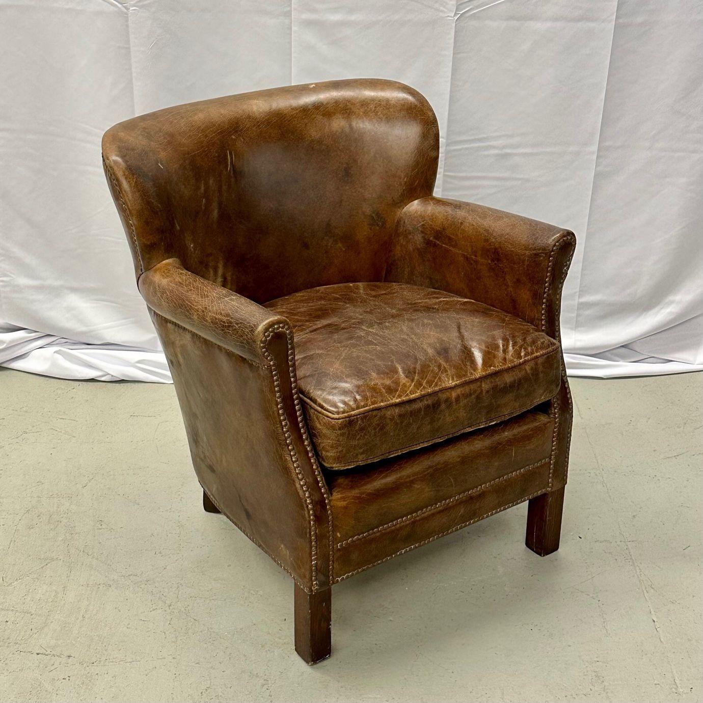 20th Century Petite Danish Style Distressed Leather Club / Lounge / Arm / Desk Chair