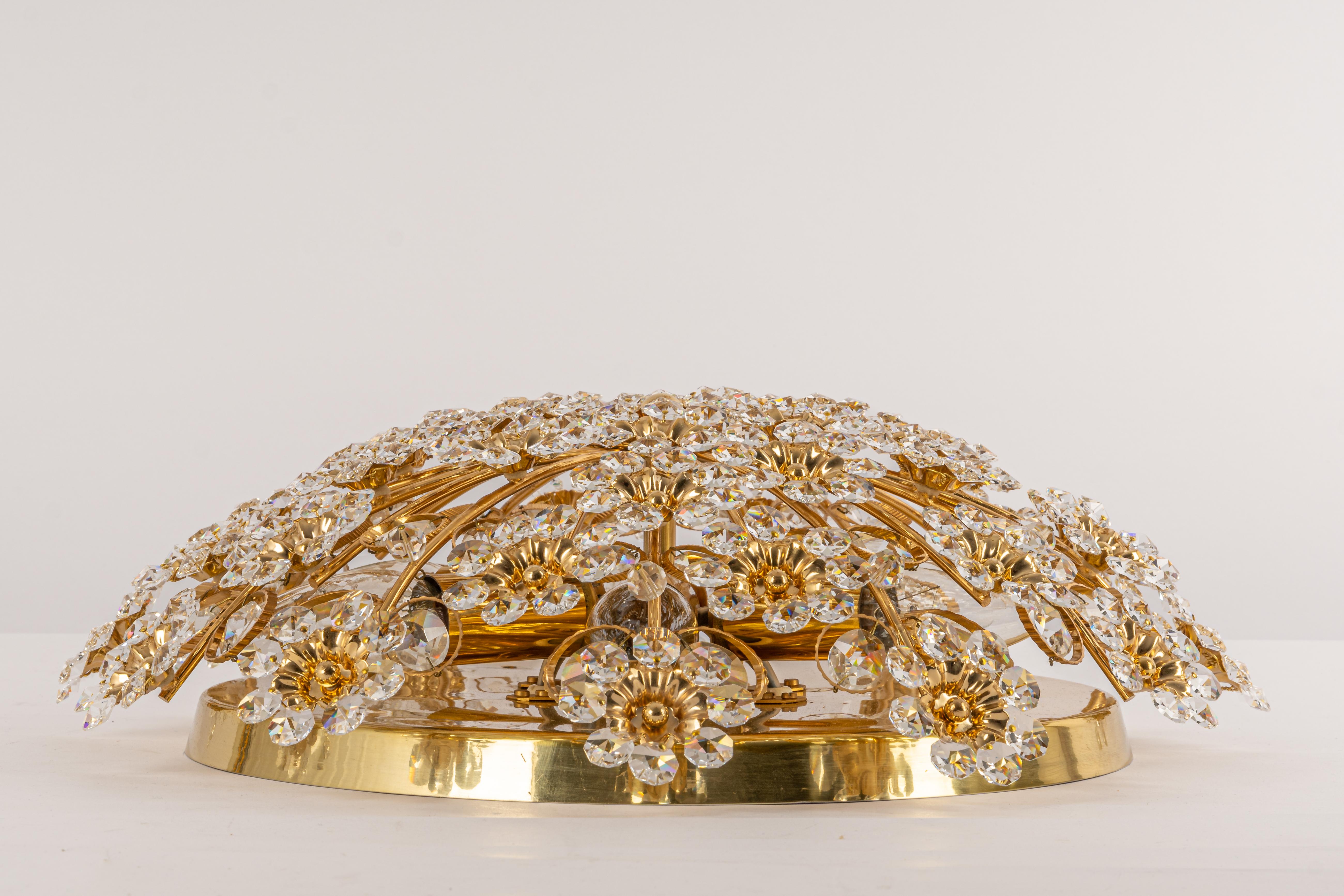Petite Delicate Gilt Brass Cut-Glass Flower Flush Mount by Palwa, Germany, 1970s For Sale 5