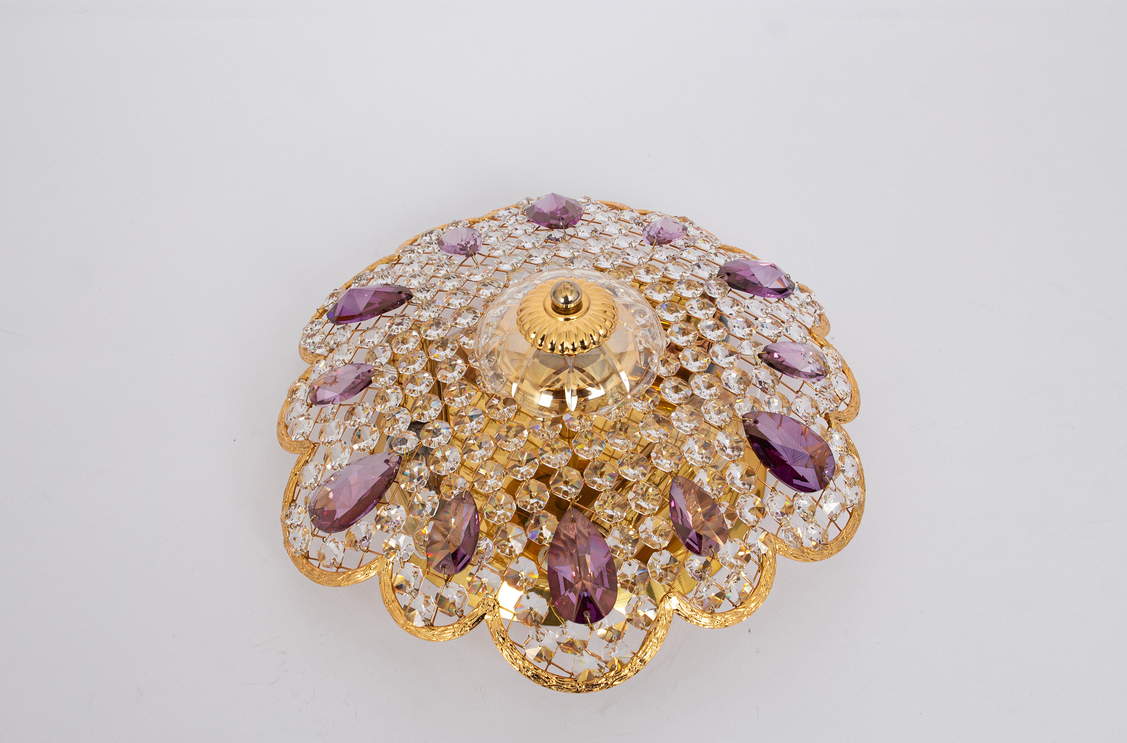 Petite Delicate Gilt Brass Cut-Glass Flower Flush Mount by Palwa, Germany, 1970s For Sale 5