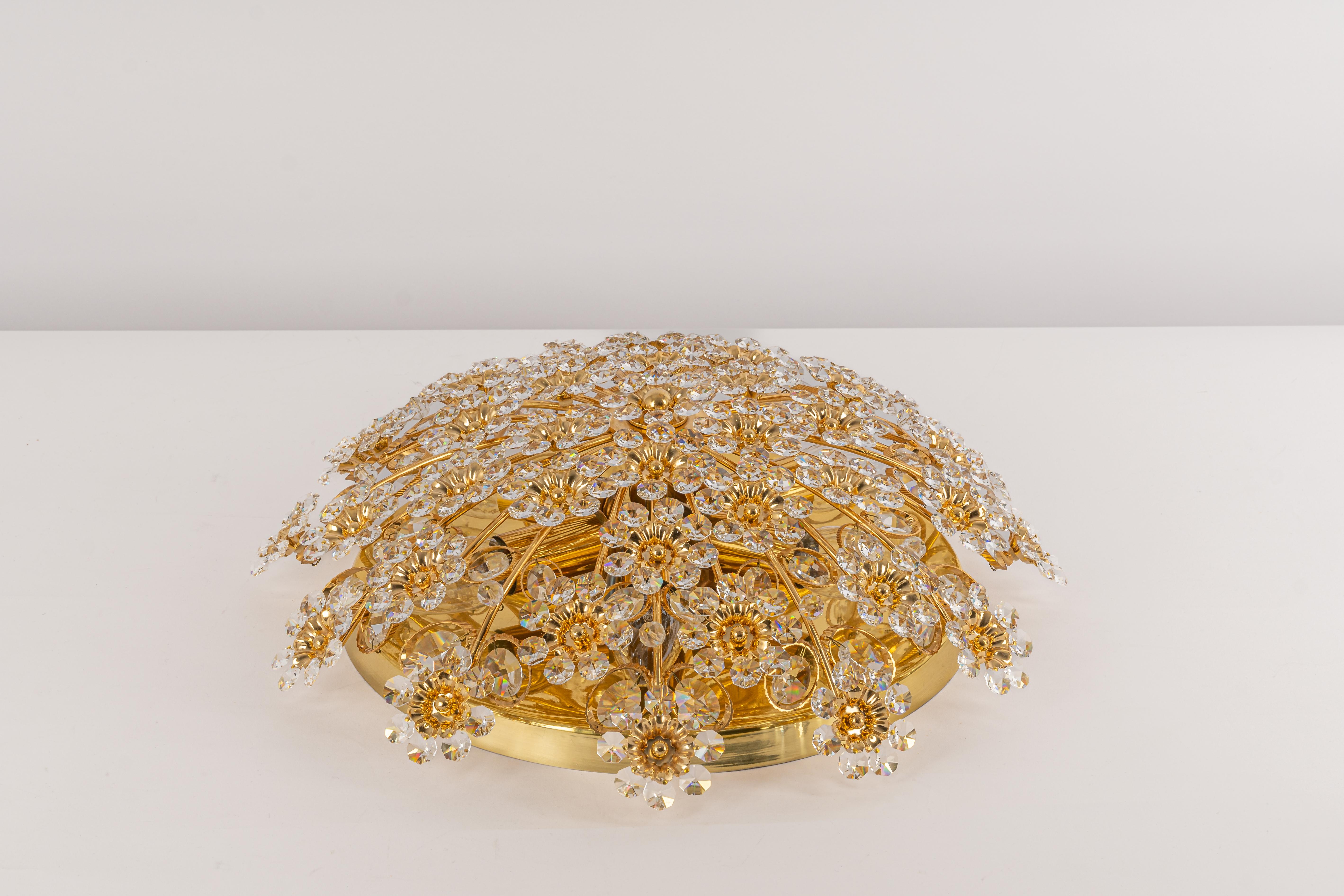 Petite Delicate Gilt Brass Cut-Glass Flower Flush Mount by Palwa, Germany, 1970s For Sale 6