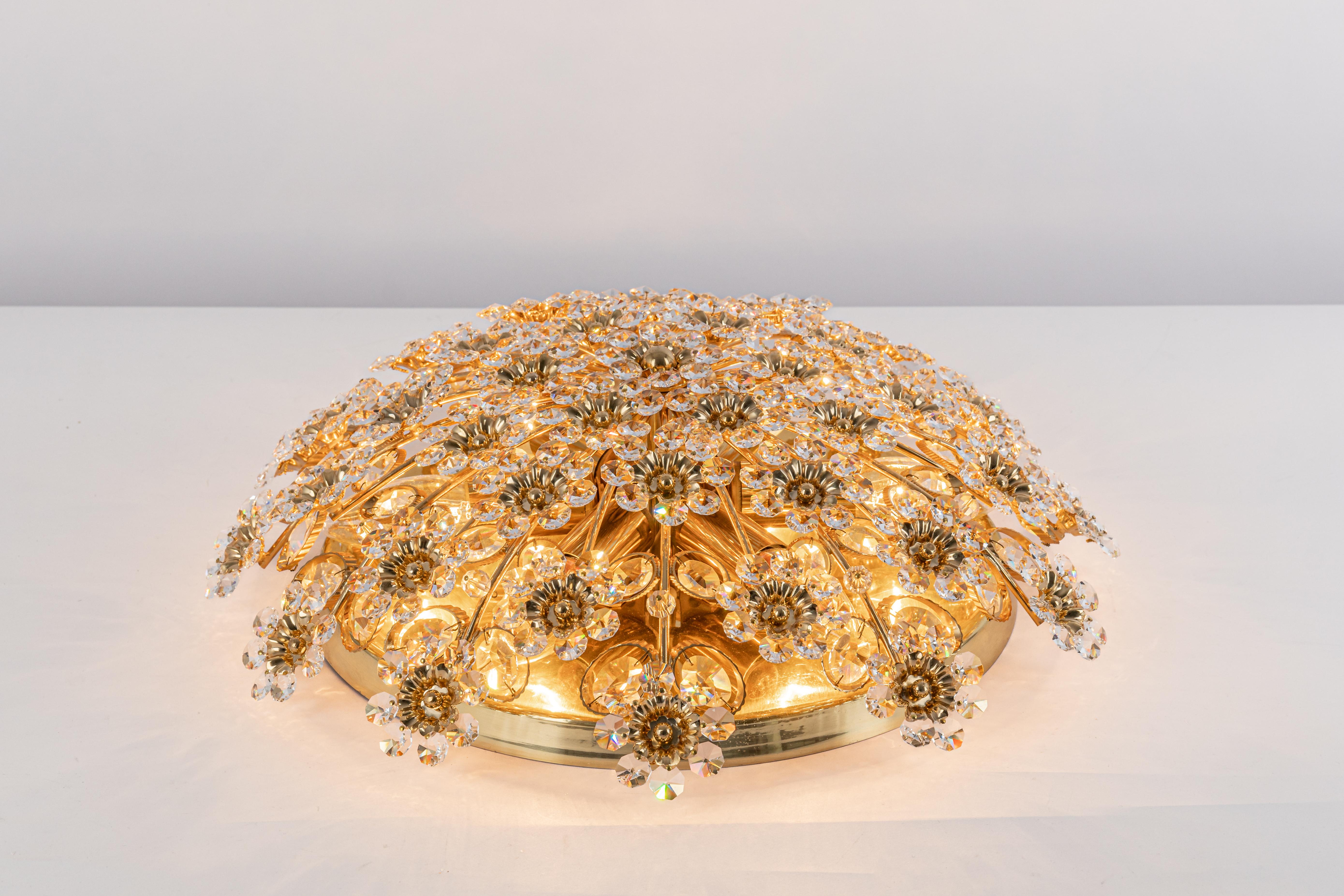 Late 20th Century Petite Delicate Gilt Brass Cut-Glass Flower Flush Mount by Palwa, Germany, 1970s For Sale