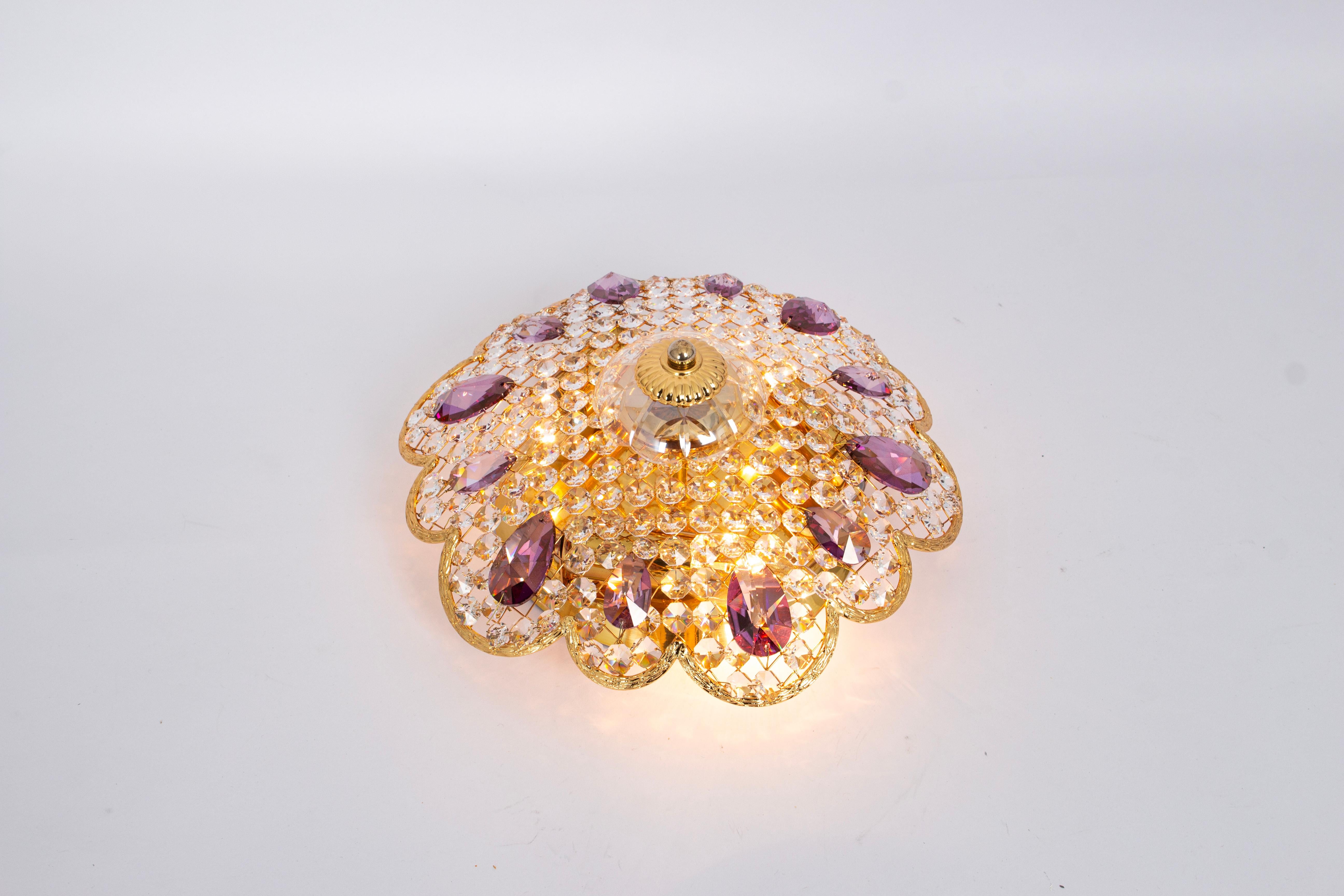 Late 20th Century Petite Delicate Gilt Brass Cut-Glass Flower Flush Mount by Palwa, Germany, 1970s For Sale